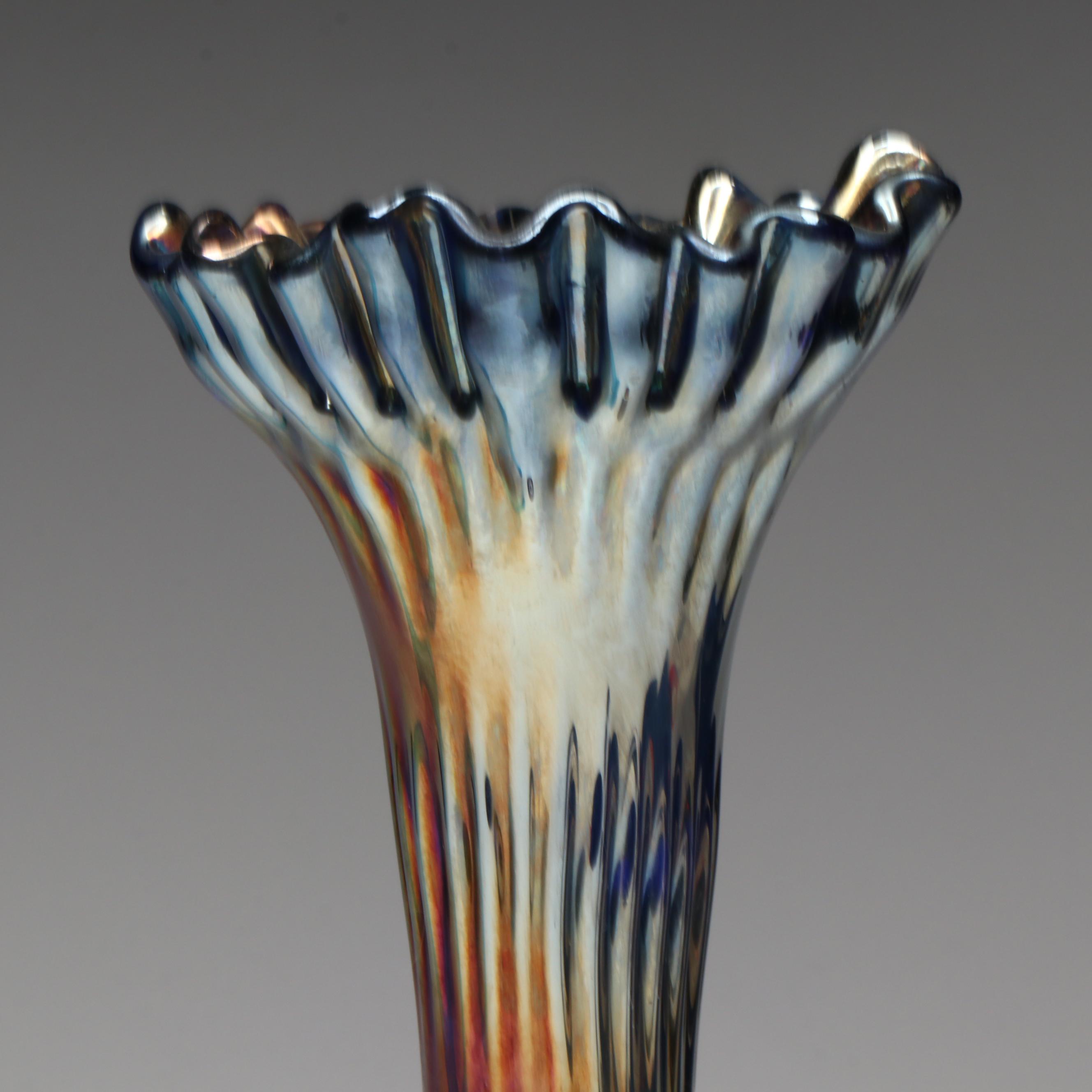 Mid Century Modern Fenton Carnival Glass Vase with Other Blue Swung Vase