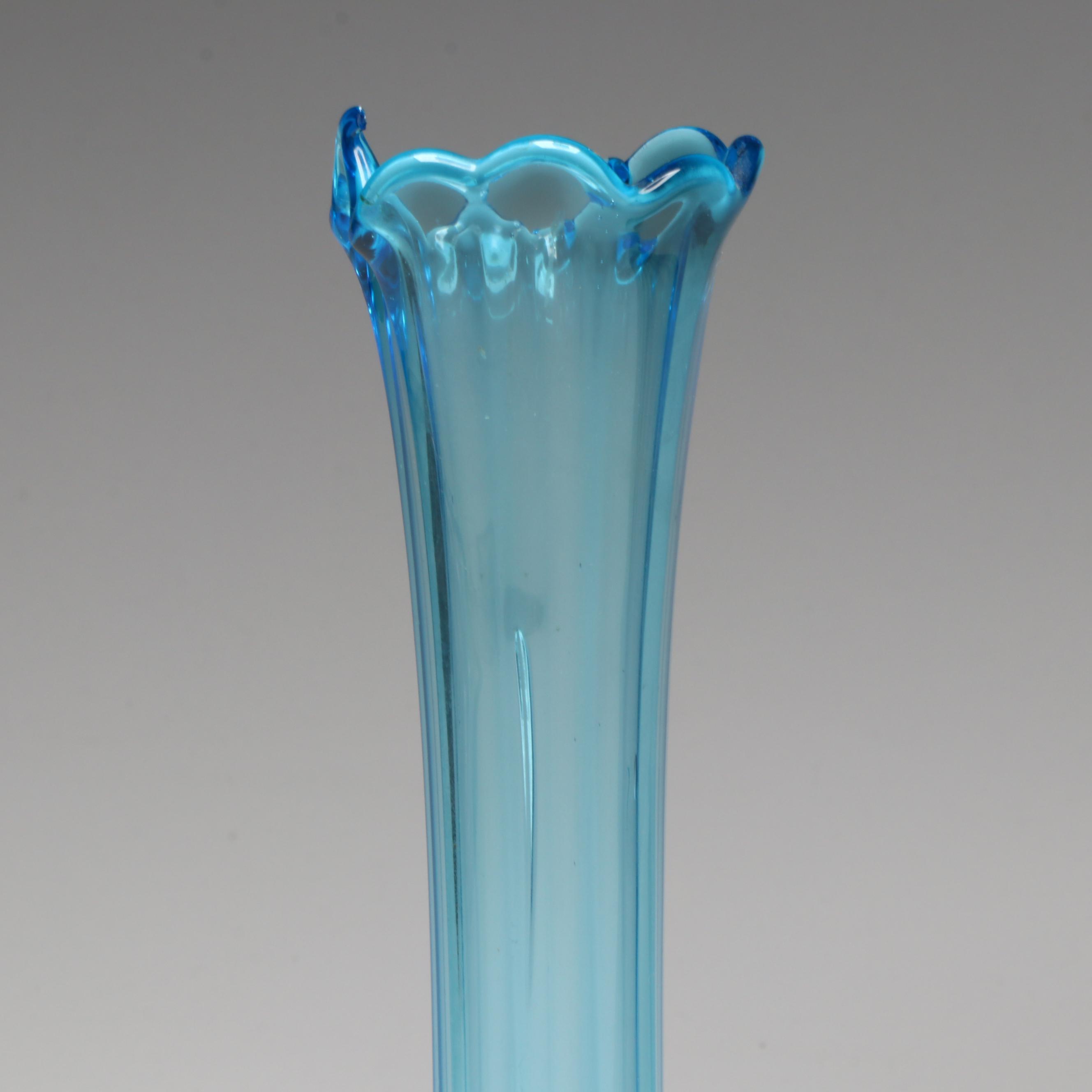 Mid Century Modern Fenton Carnival Glass Vase with Other Blue Swung Vase