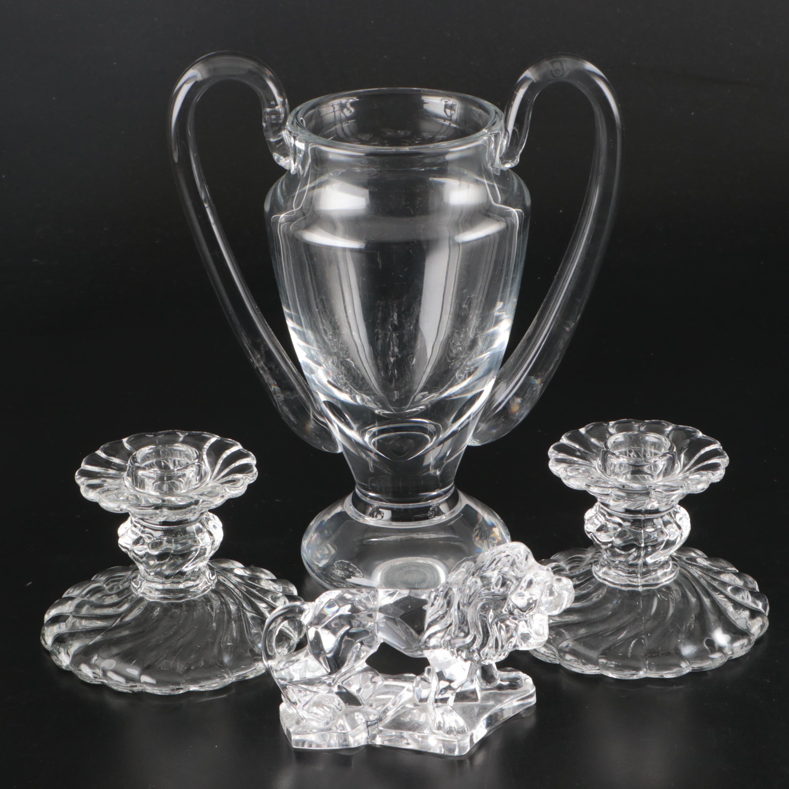 Glass Trophy Vase with Candlesticks and Lion Figurine