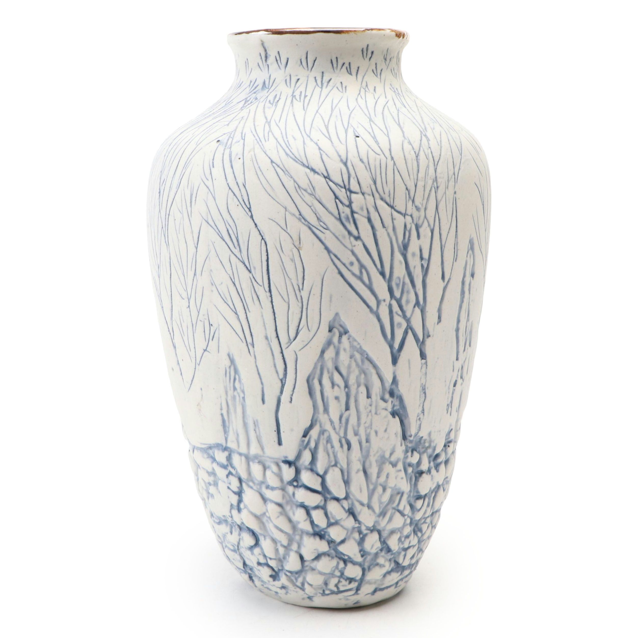 White and Blue Art Pottery Forest Scene Vase