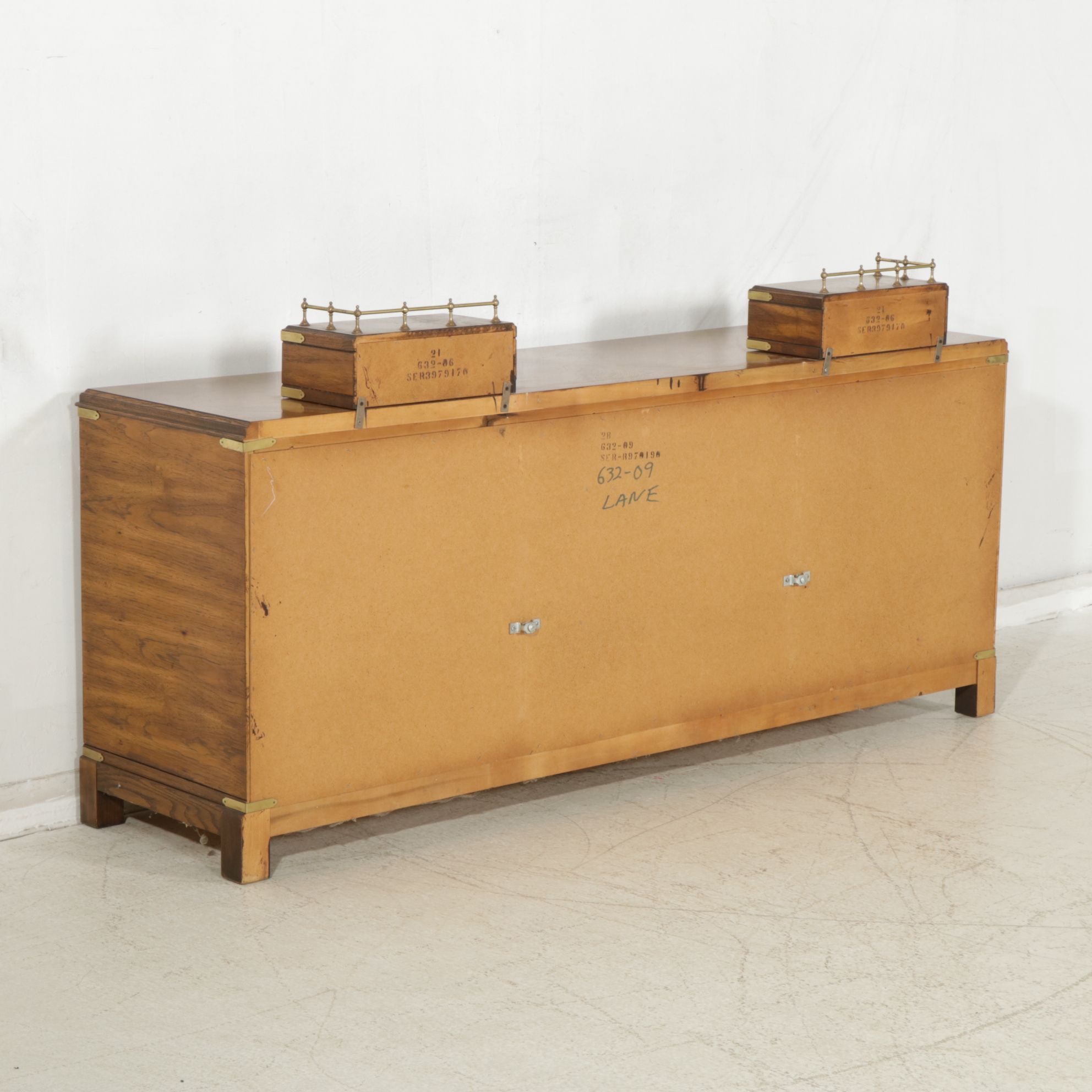 Lane Campaign Style Burl Walnut Dresser and Mirror