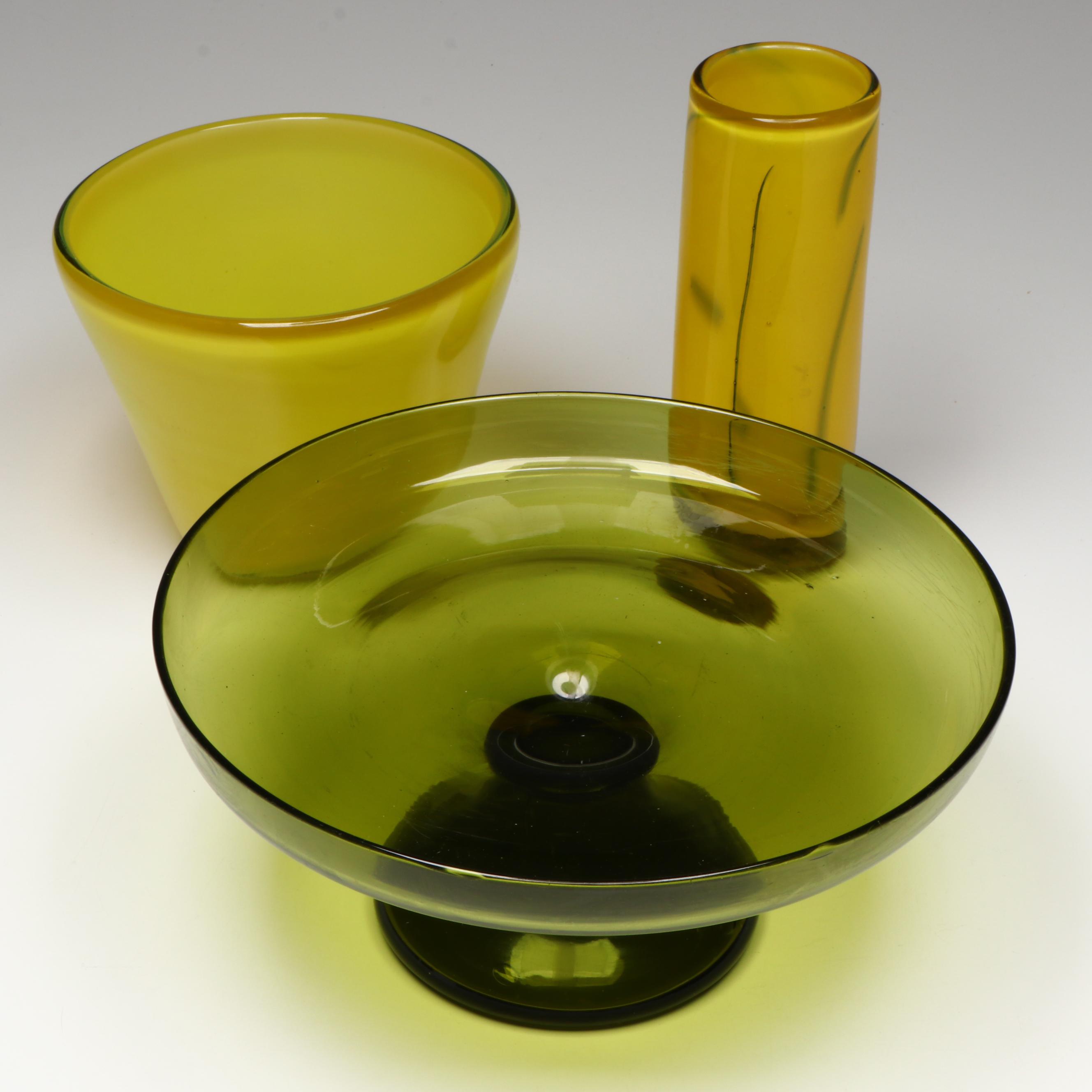 Handmade Art Glass Compote with Blown Vase and Other Yellow Glass Vessel