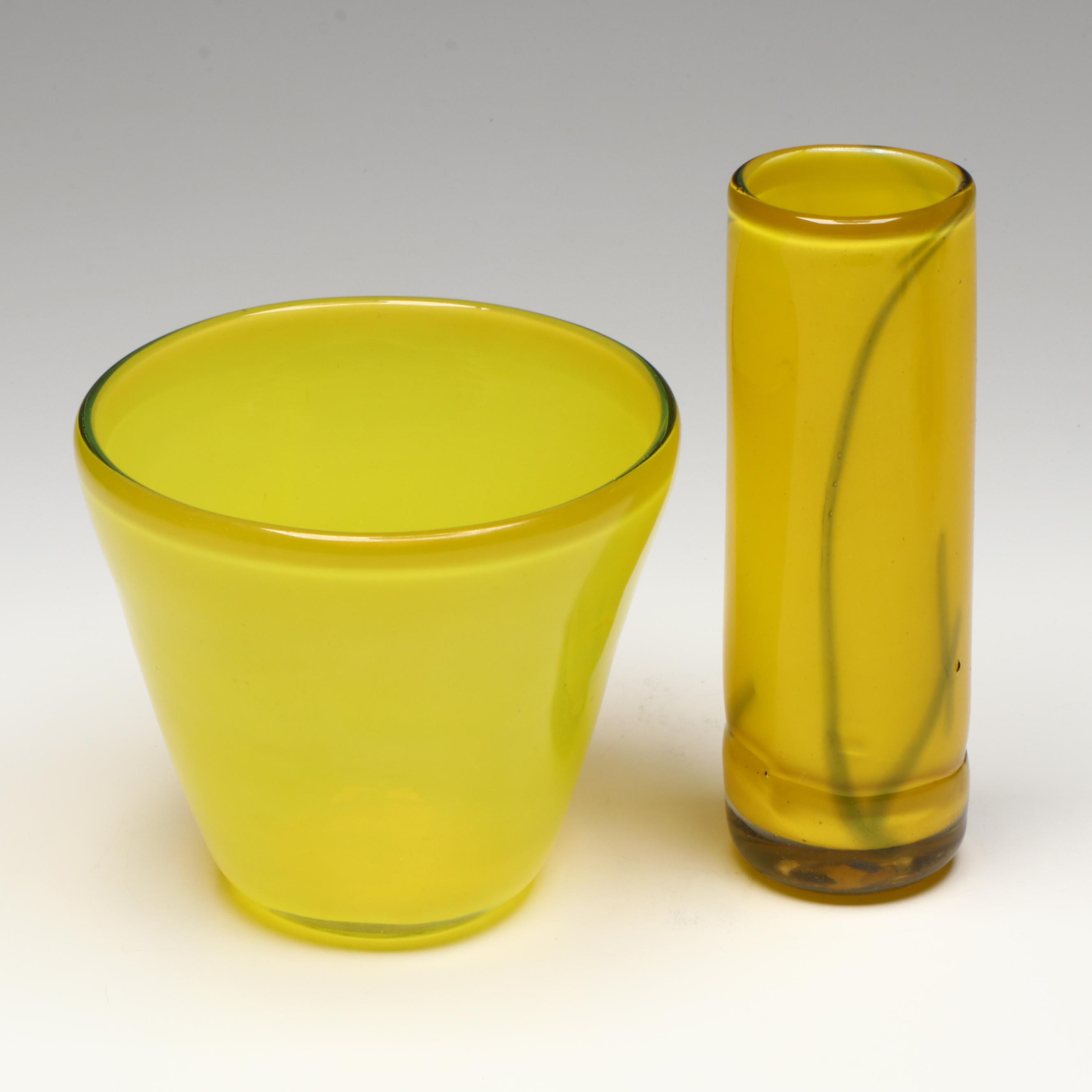 Handmade Art Glass Compote with Blown Vase and Other Yellow Glass Vessel