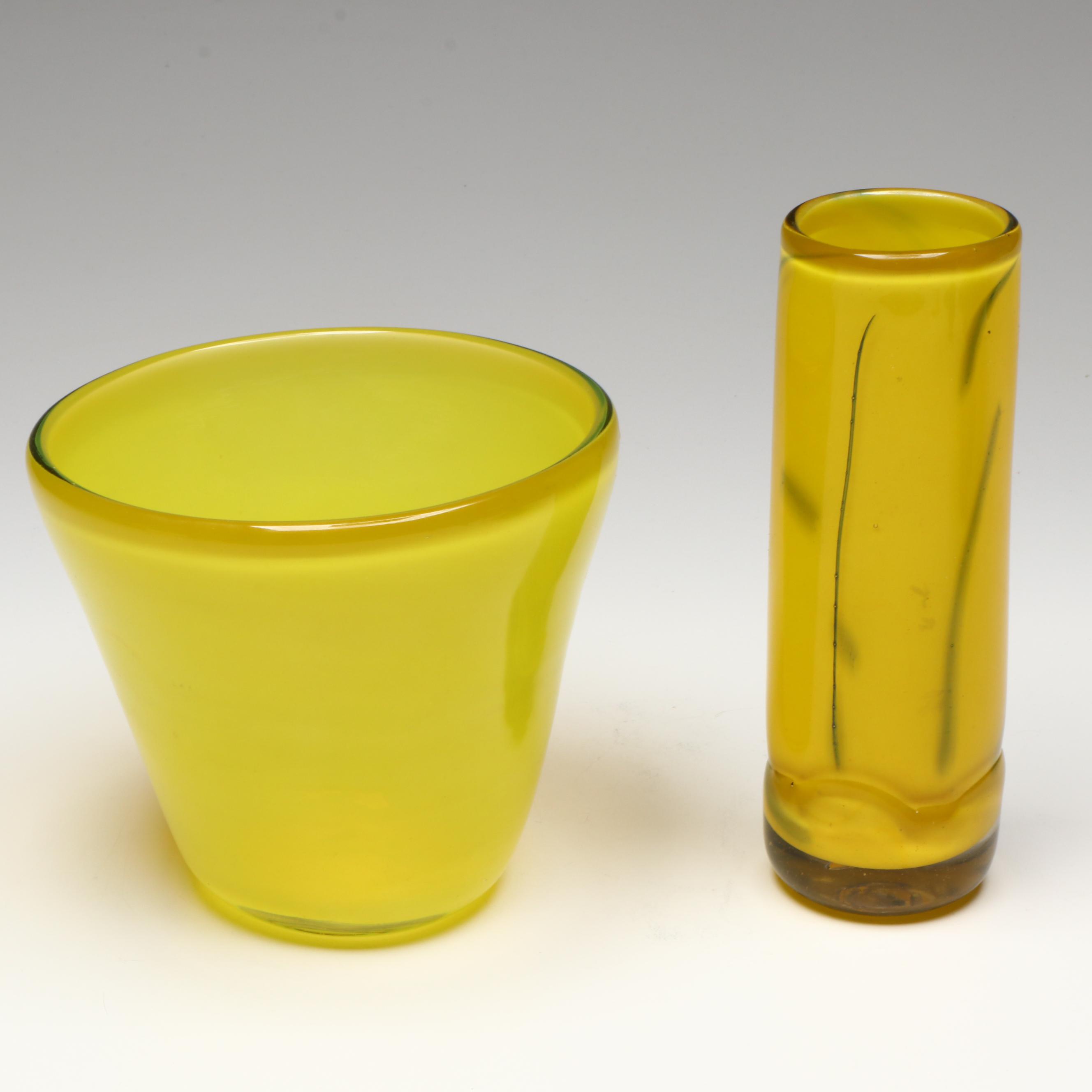 Handmade Art Glass Compote with Blown Vase and Other Yellow Glass Vessel