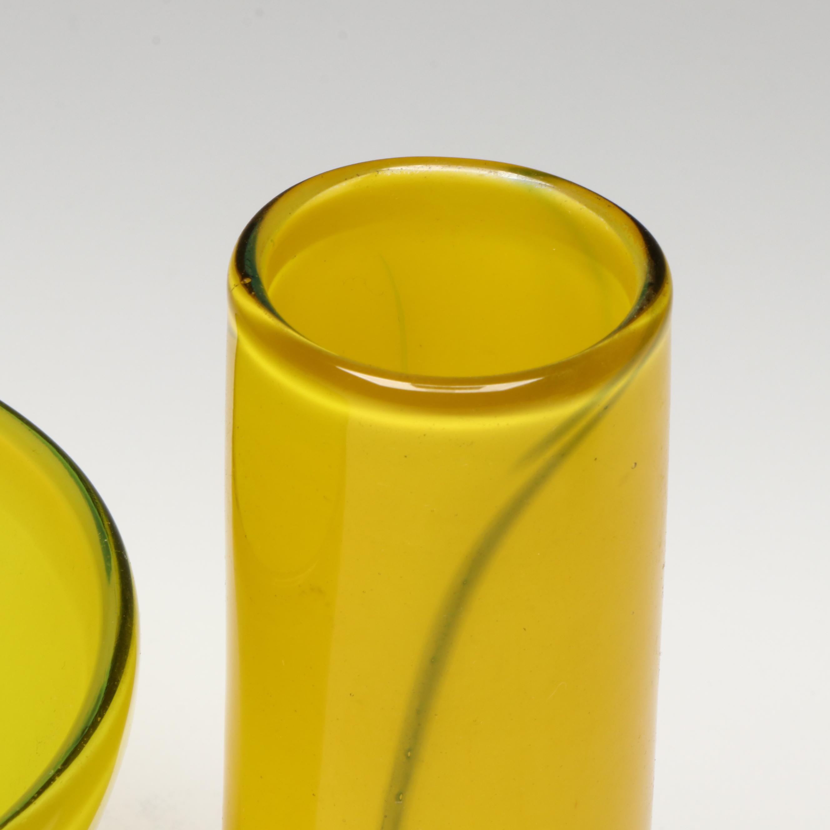 Handmade Art Glass Compote with Blown Vase and Other Yellow Glass Vessel