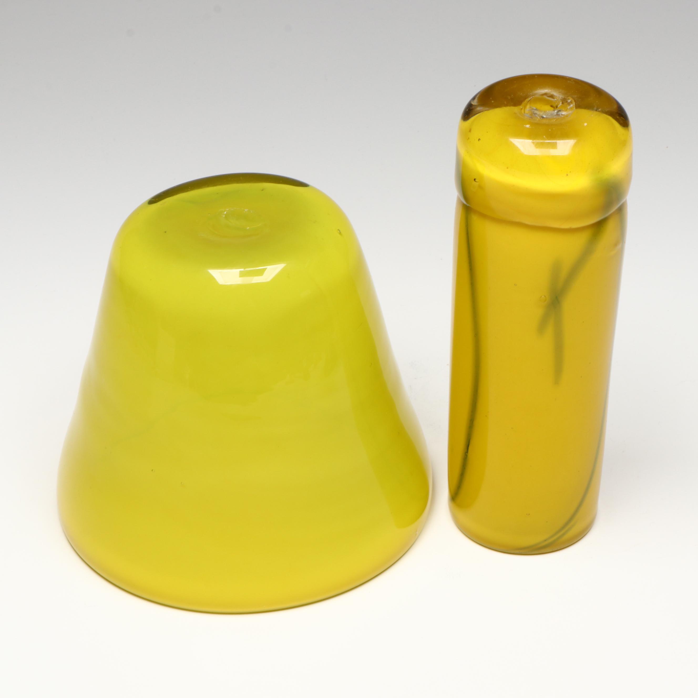 Handmade Art Glass Compote with Blown Vase and Other Yellow Glass Vessel