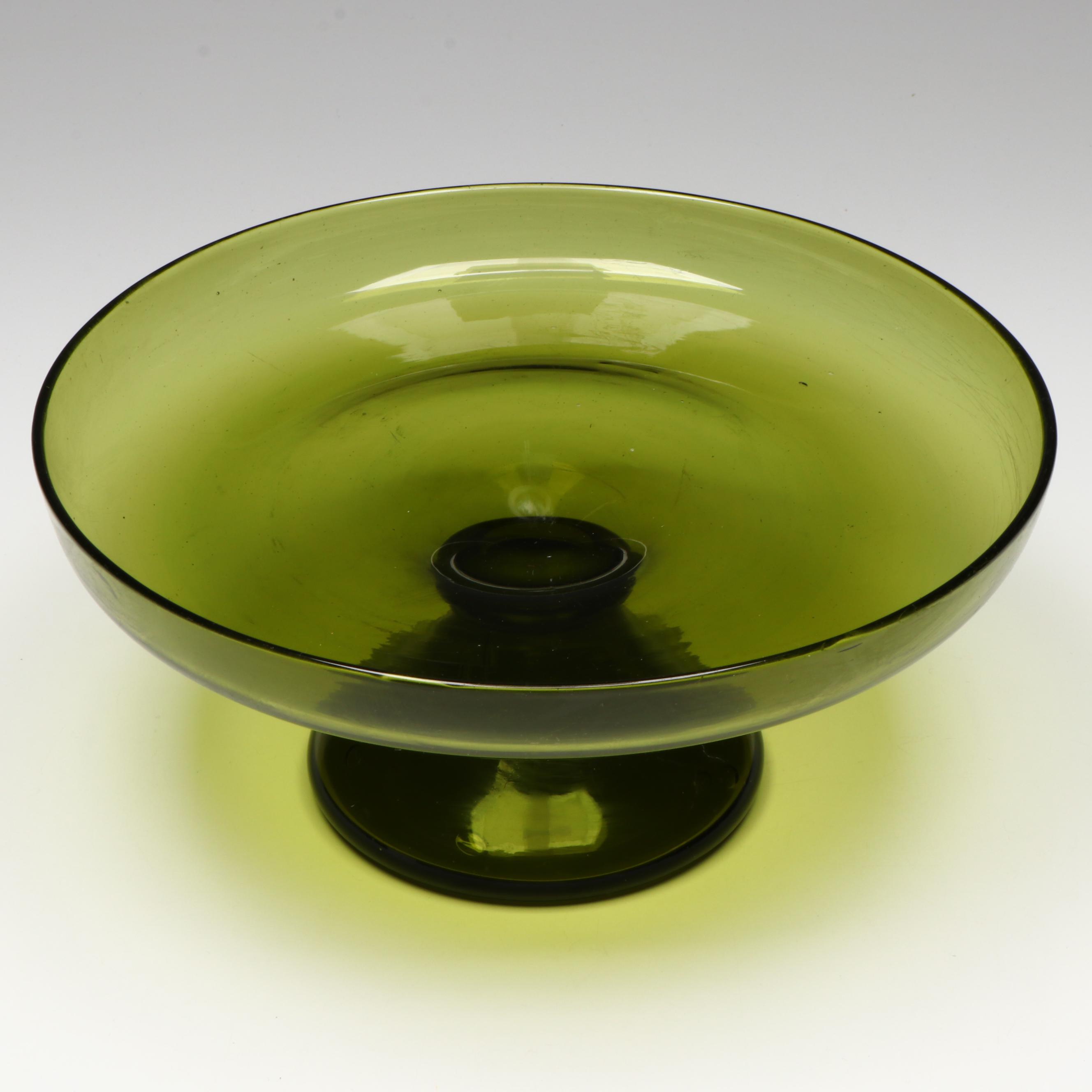 Handmade Art Glass Compote with Blown Vase and Other Yellow Glass Vessel