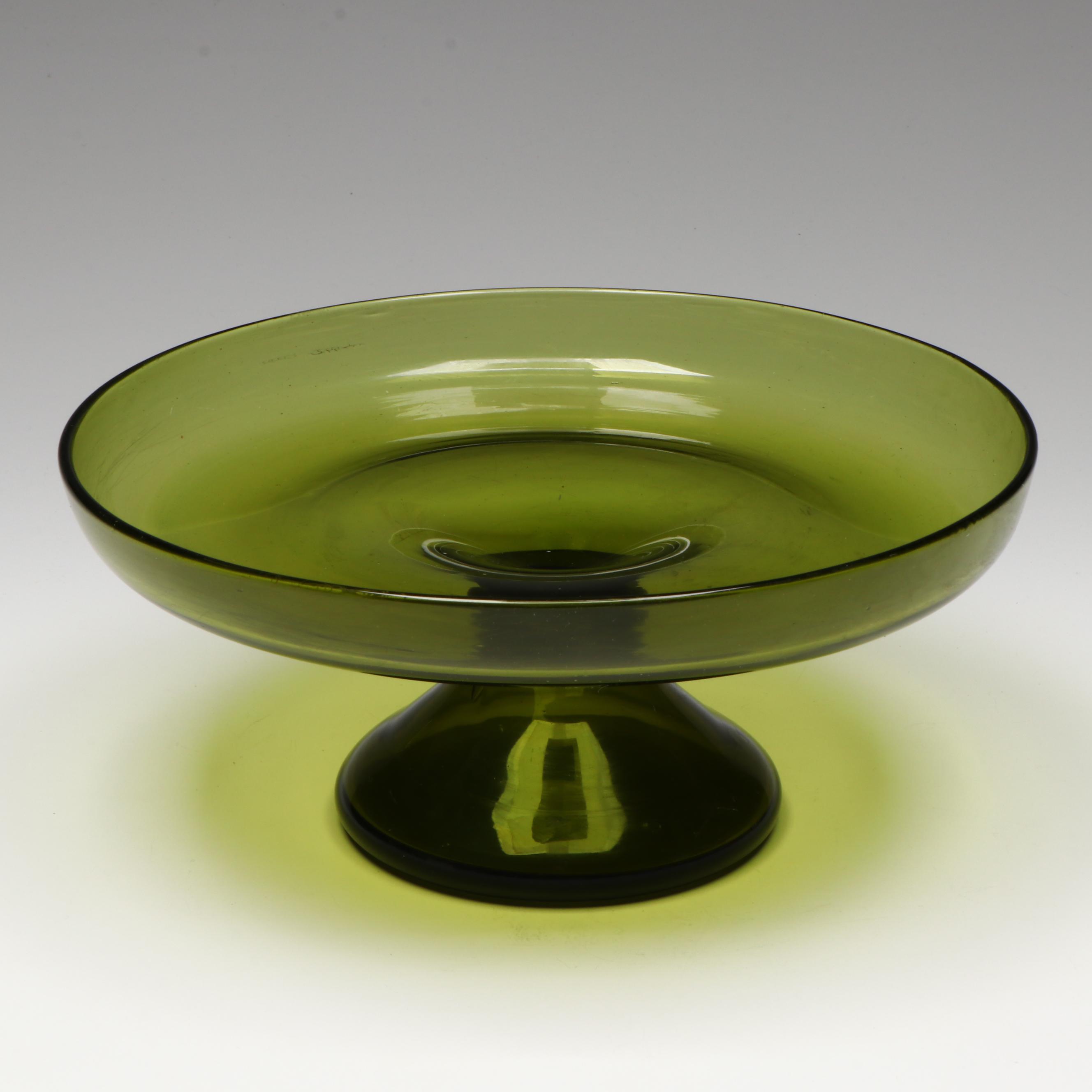 Handmade Art Glass Compote with Blown Vase and Other Yellow Glass Vessel