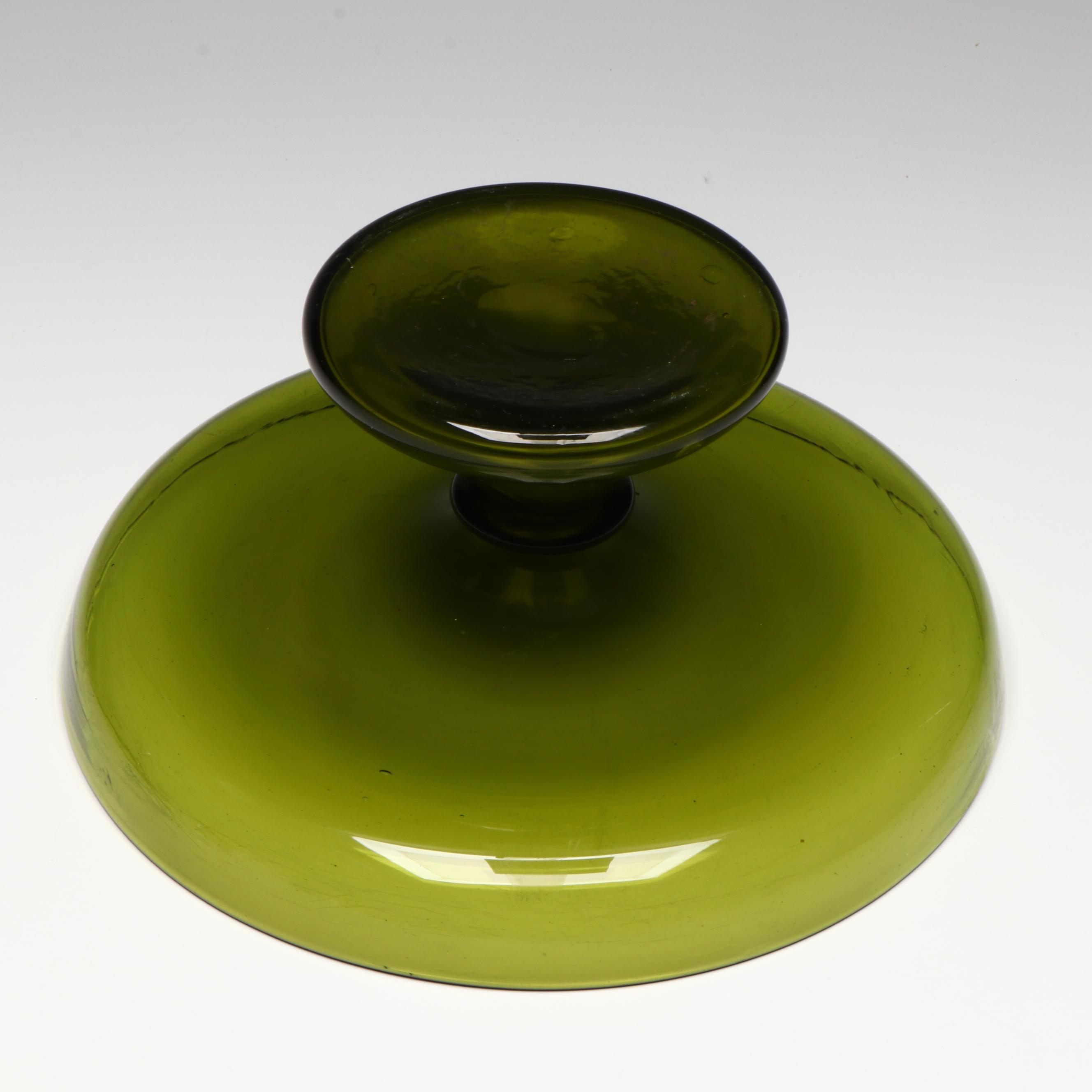 Handmade Art Glass Compote with Blown Vase and Other Yellow Glass Vessel