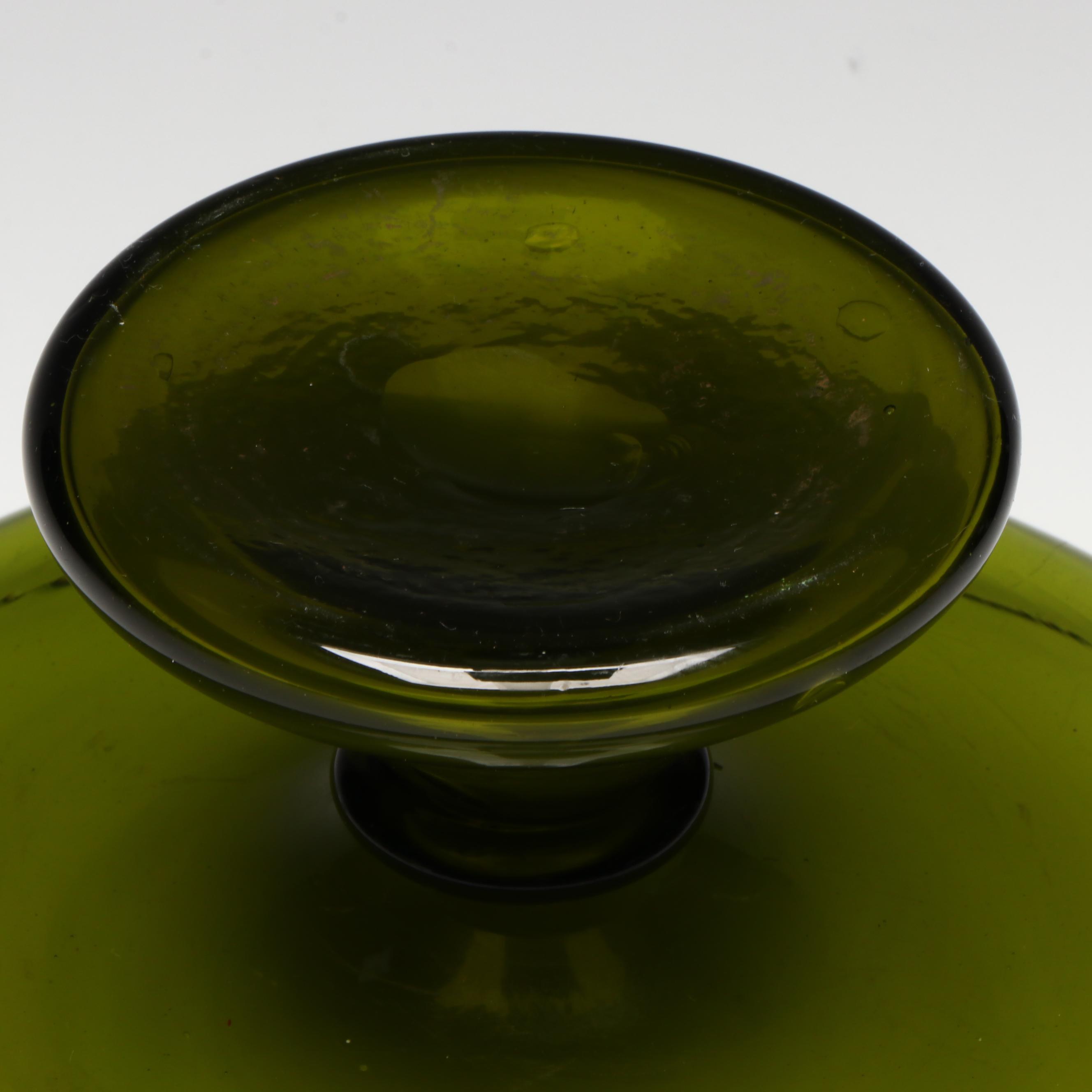 Handmade Art Glass Compote with Blown Vase and Other Yellow Glass Vessel