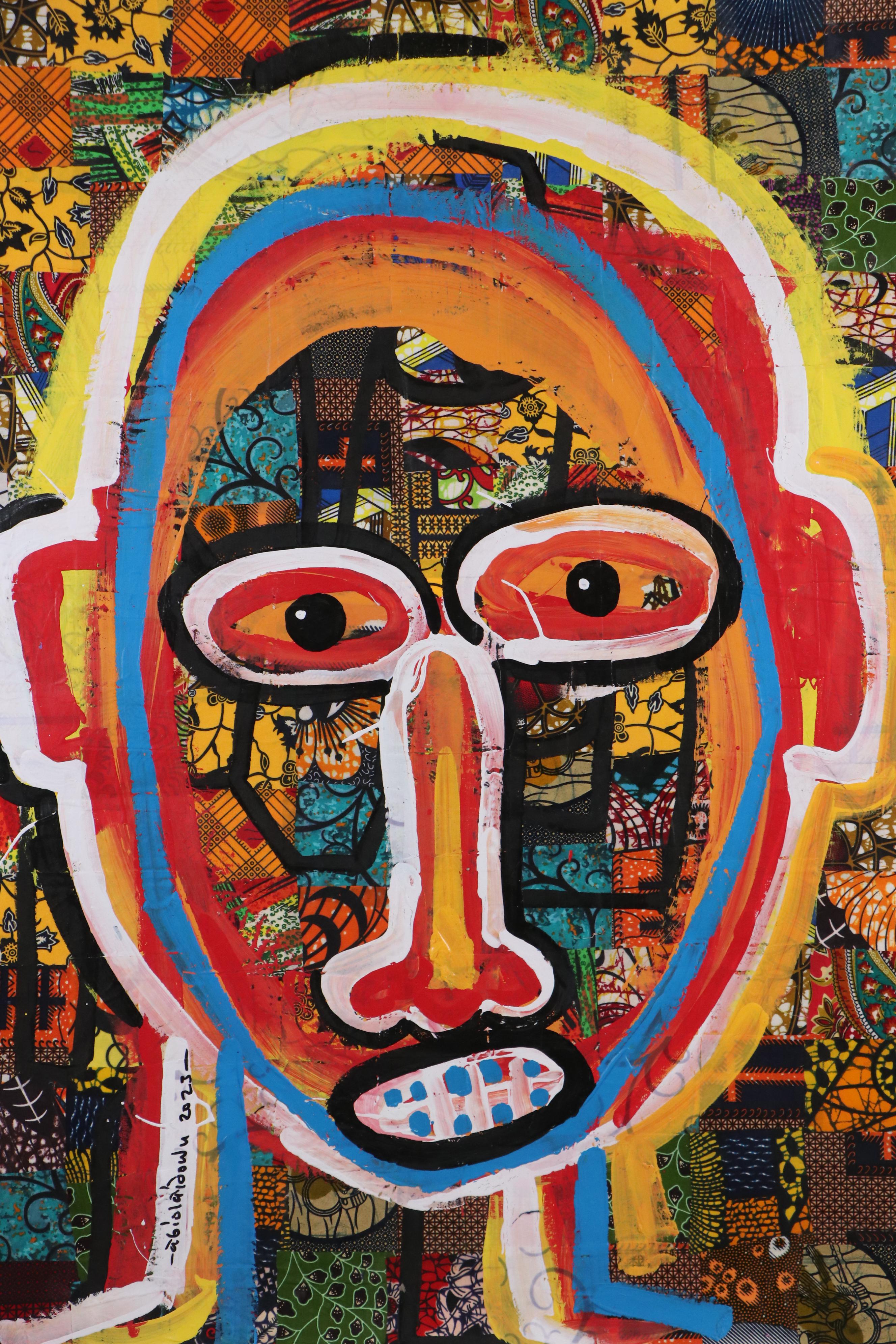 Abiola Idowu Stylized Mixed Media Portrait Painting "Fight to Win," 2023