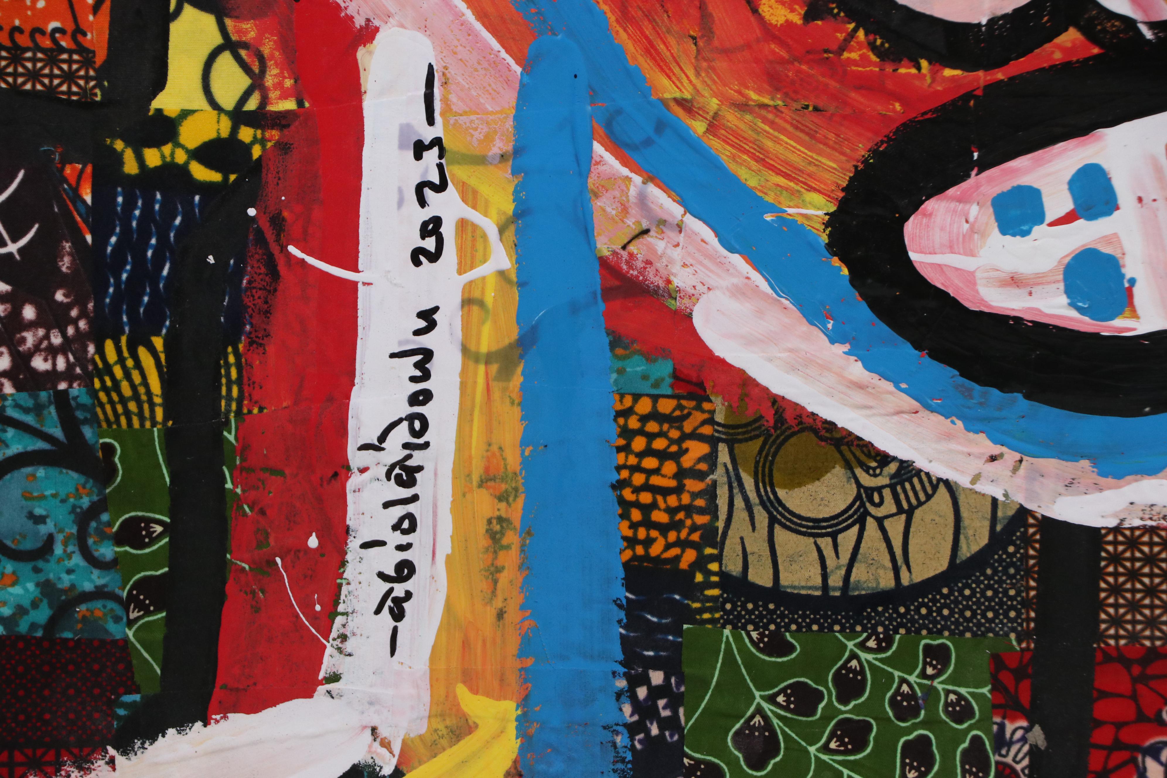 Abiola Idowu Stylized Mixed Media Portrait Painting "Fight to Win," 2023