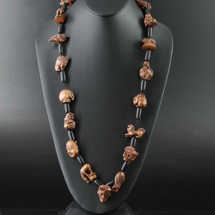 Antique Japanese Signed Wood Ojime Bead Necklace Including Animal