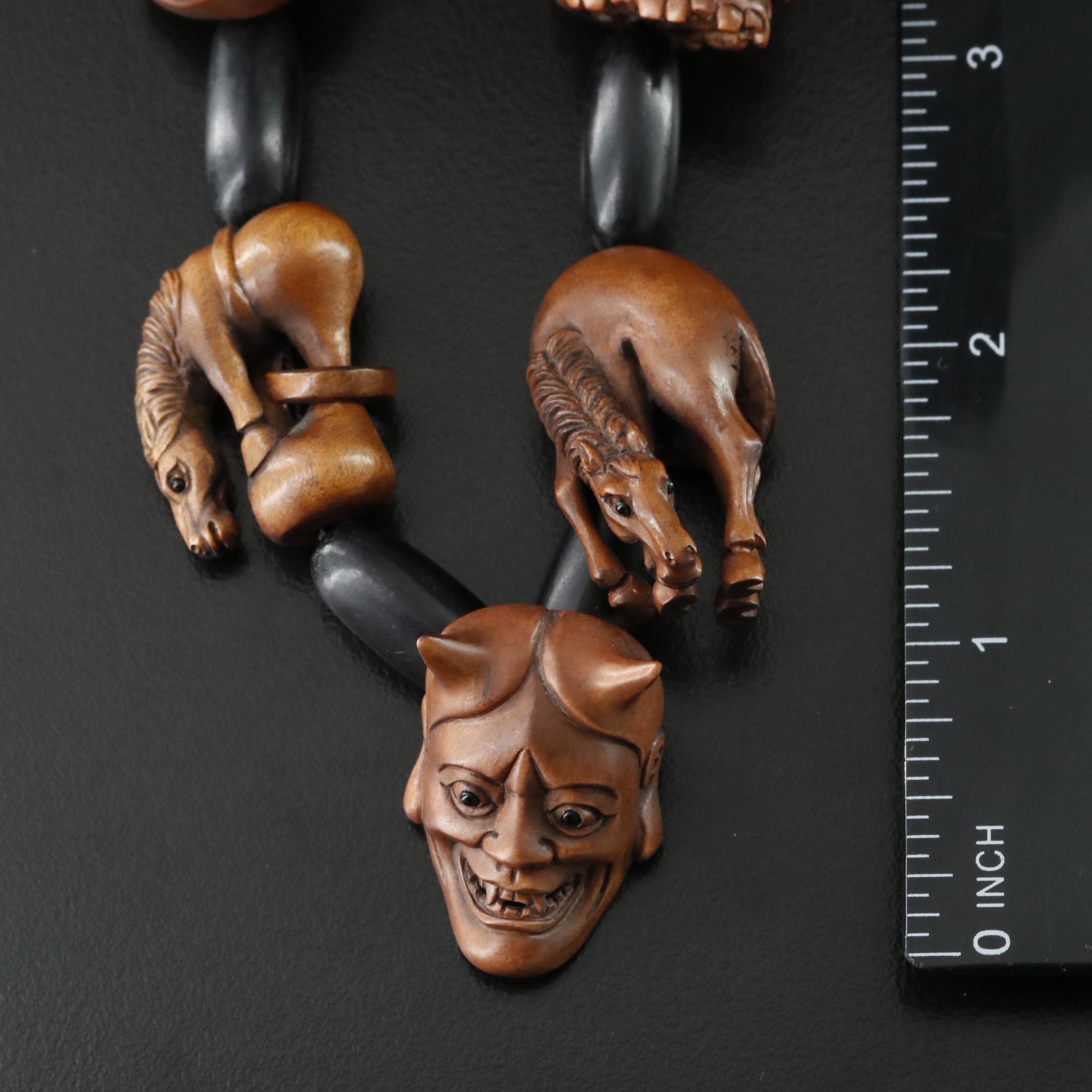 Antique Japanese Signed Wood Ojime Bead Necklace Including Animal & Mythological