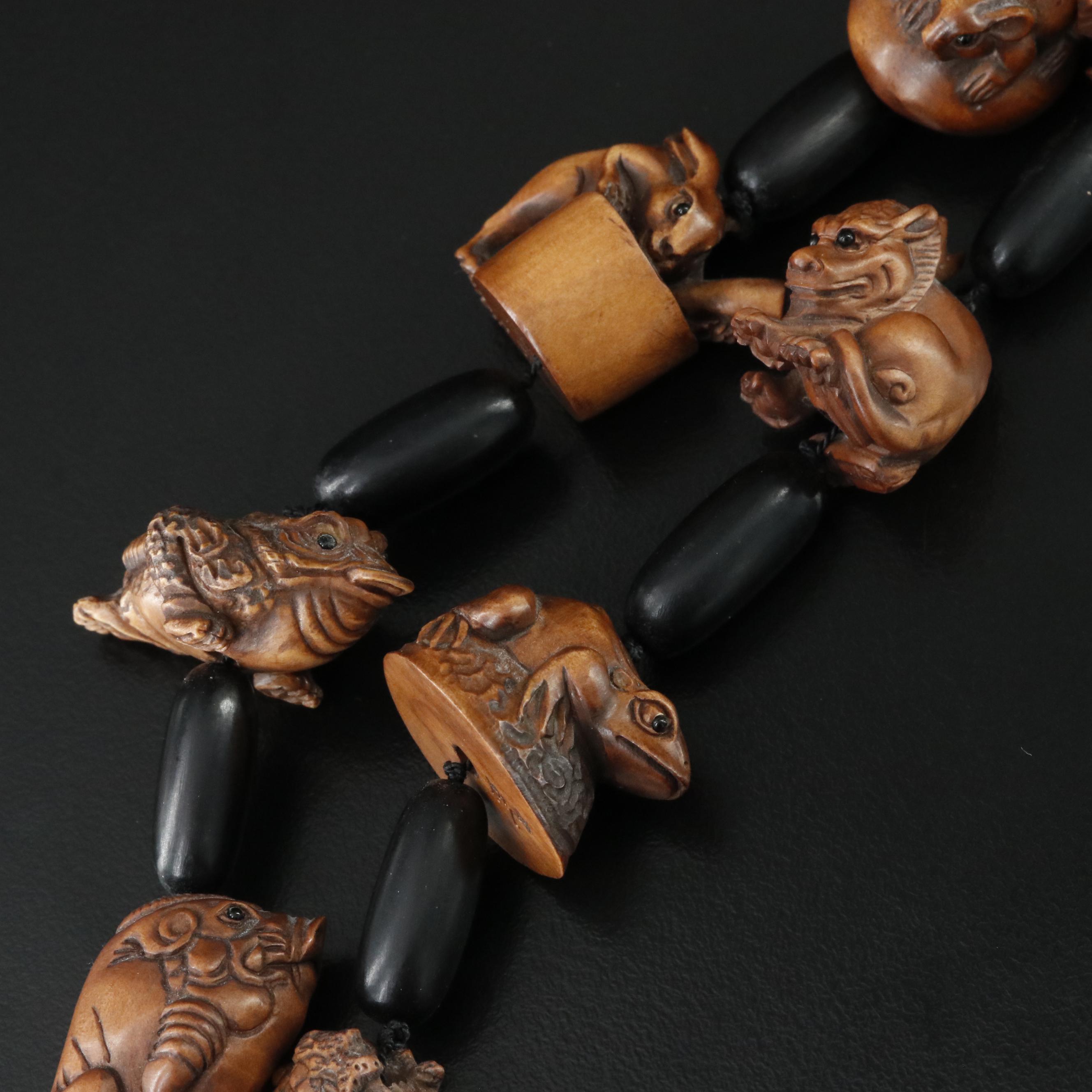 Antique Japanese Signed Wood Ojime Bead Necklace Including Animal & Mythological