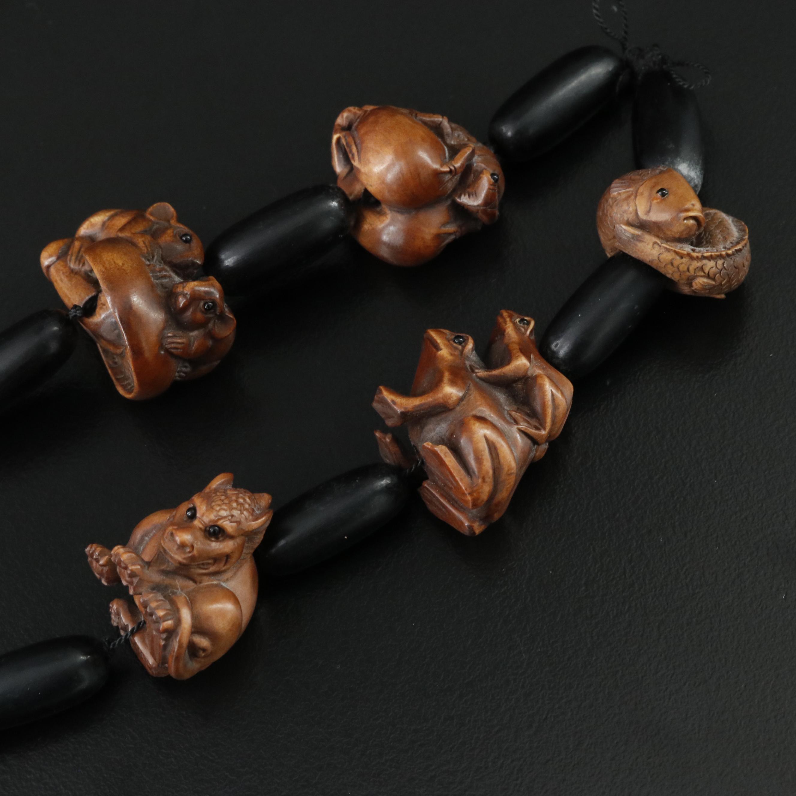 Antique Japanese Signed Wood Ojime Bead Necklace Including Animal & Mythological