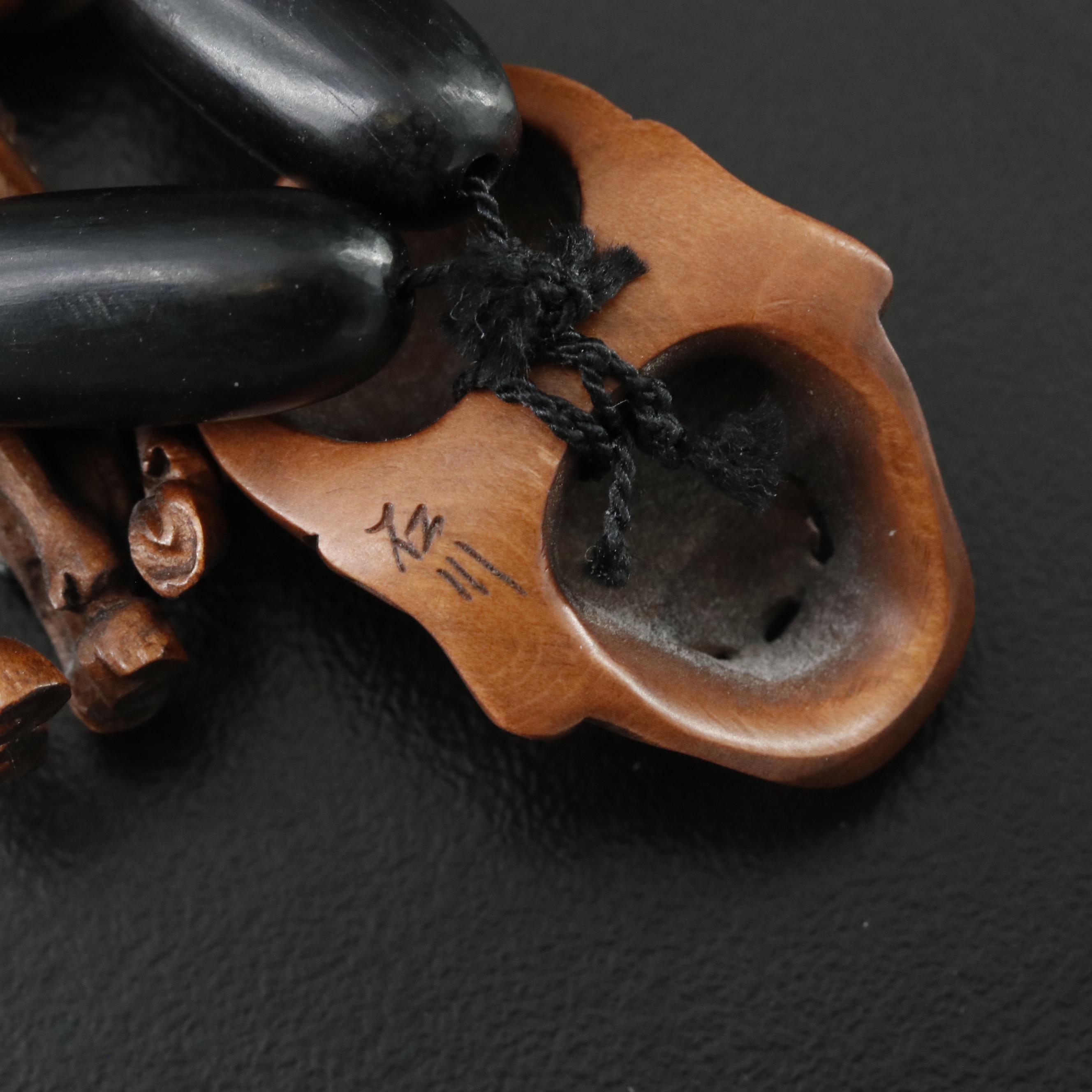 Antique Japanese Signed Wood Ojime Bead Necklace Including Animal & Mythological