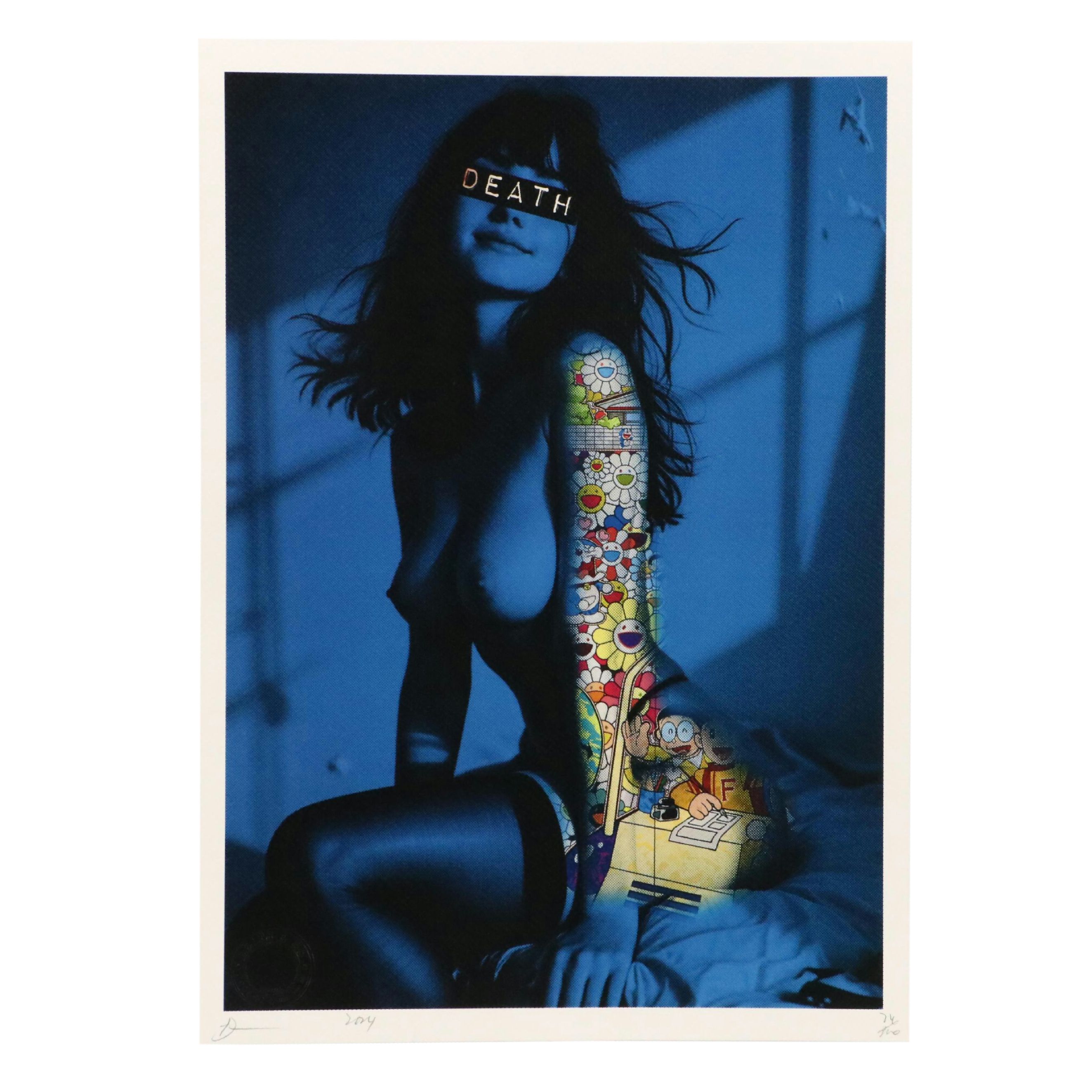 Death NYC Pop Art Digital Print of Woman with Murakami Flowers, 2024