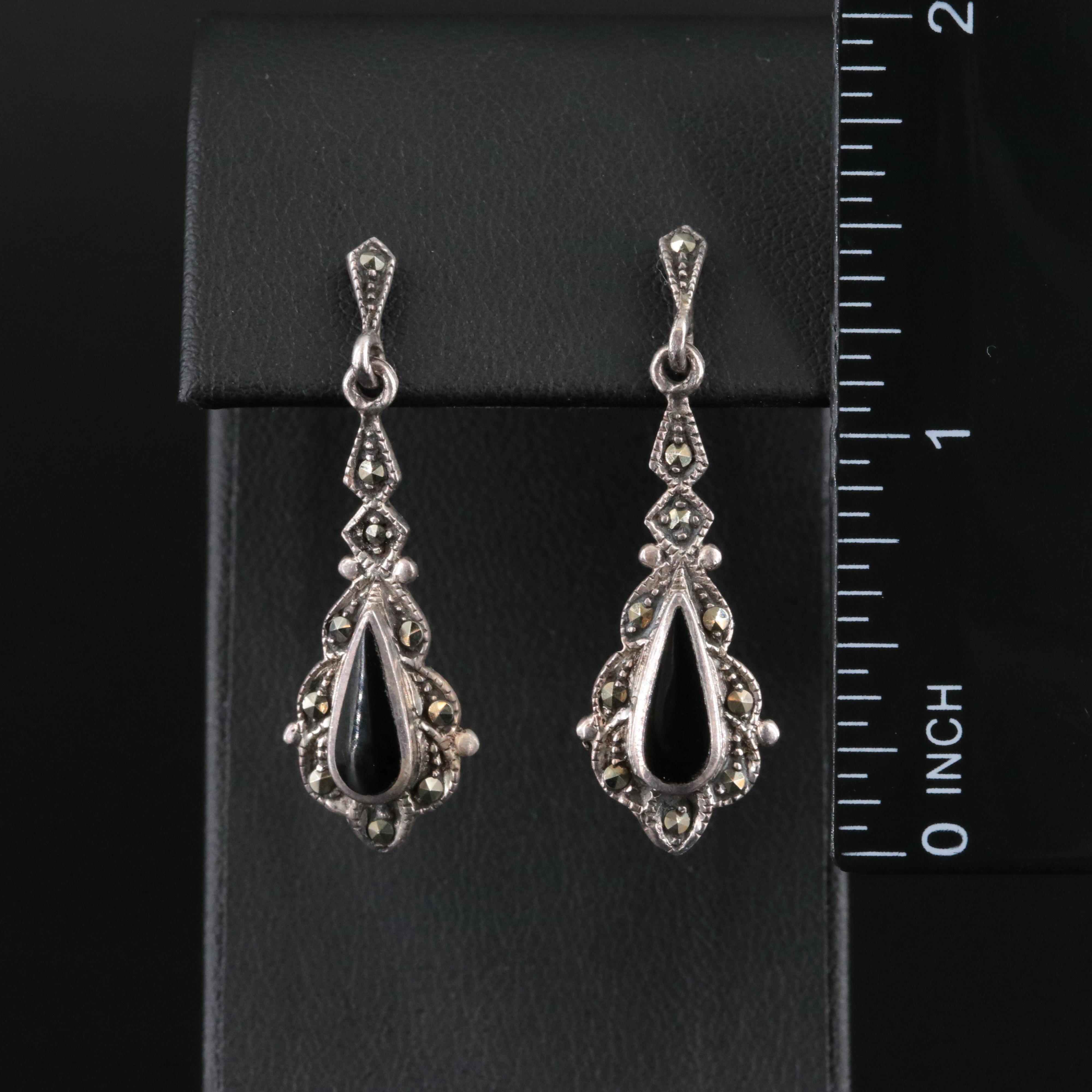 Sterling Drop Earrings with Black Onyx and Marcasite