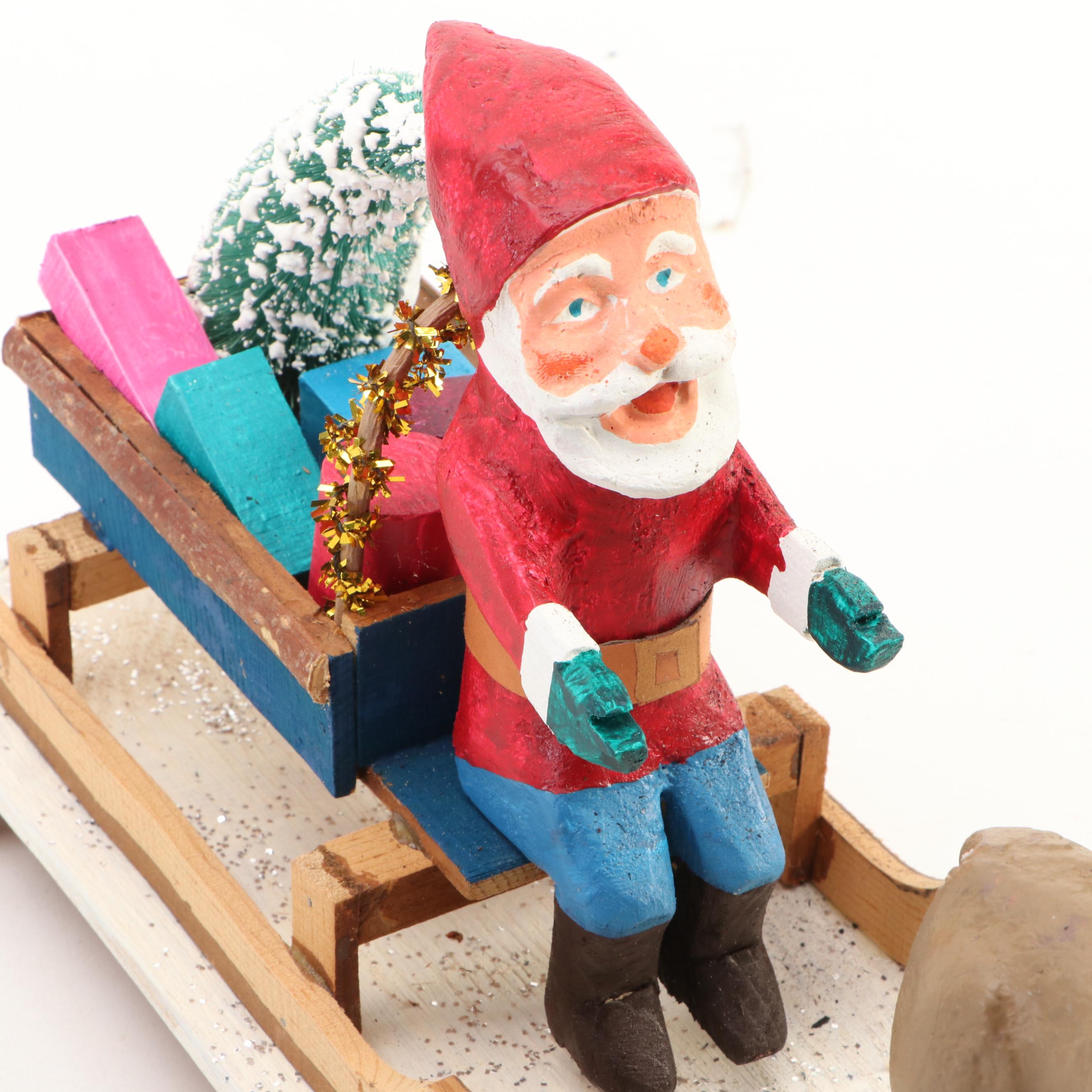 Folk Art Hand-Painted Santa Claus Pull Toy