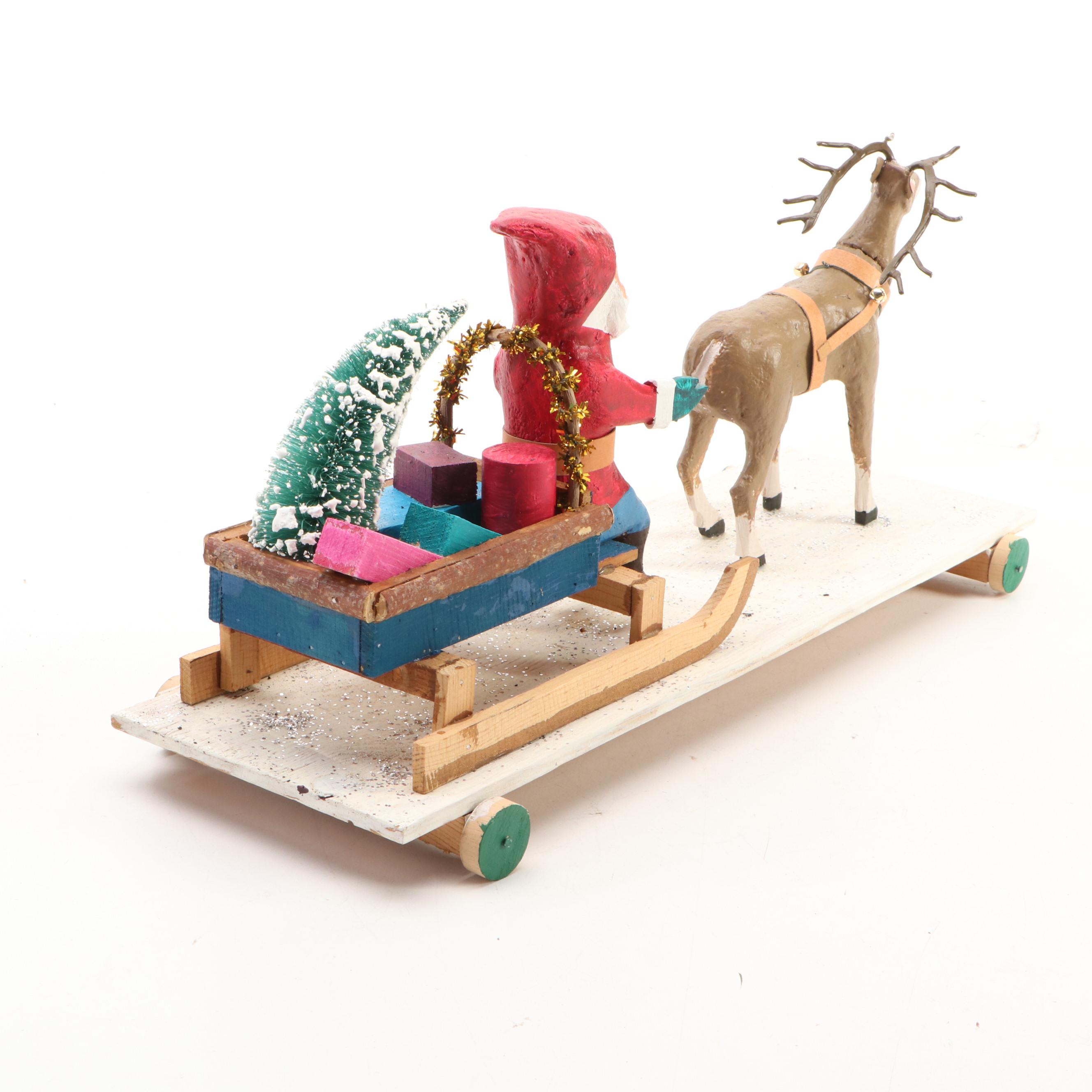 Folk Art Hand-Painted Santa Claus Pull Toy