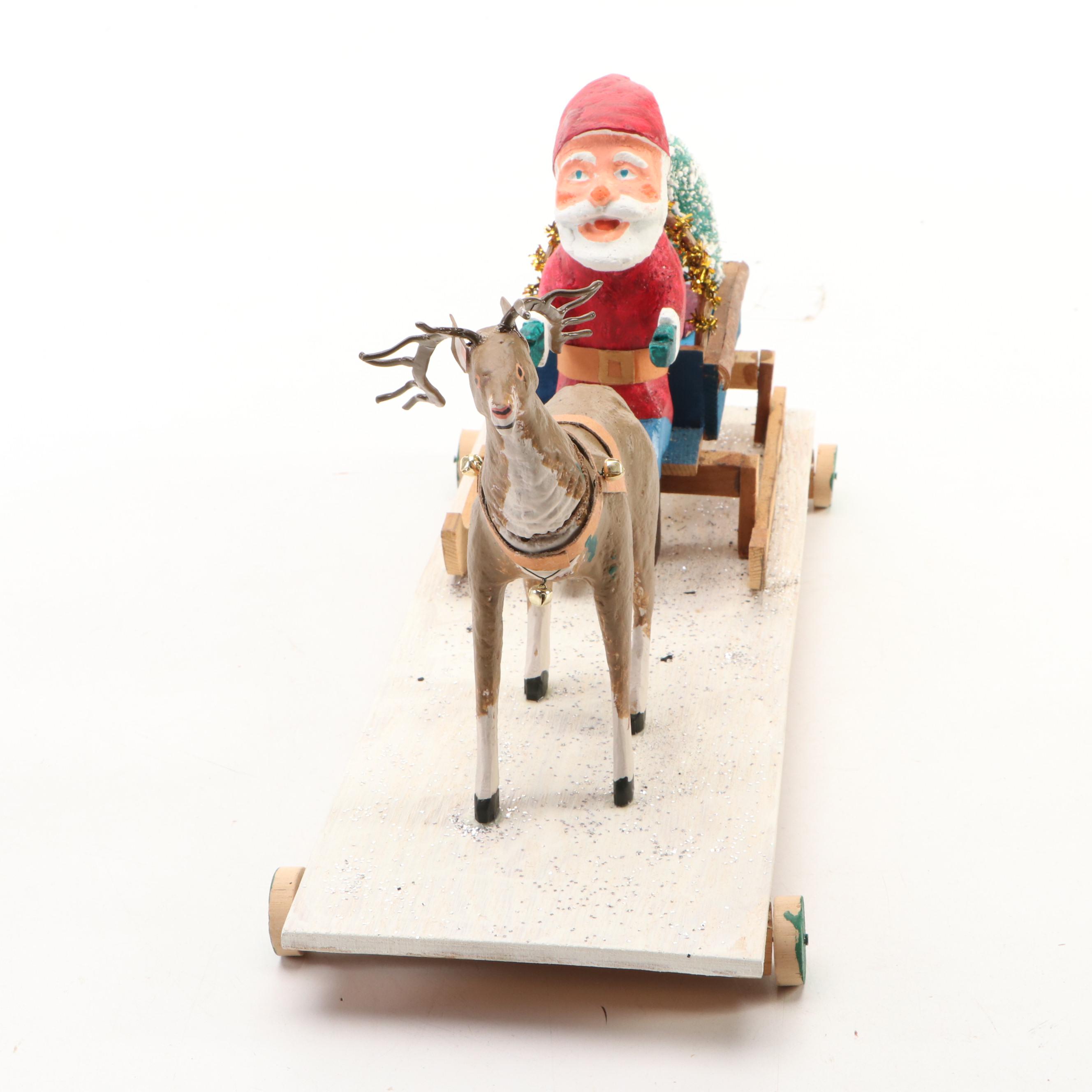 Folk Art Hand-Painted Santa Claus Pull Toy