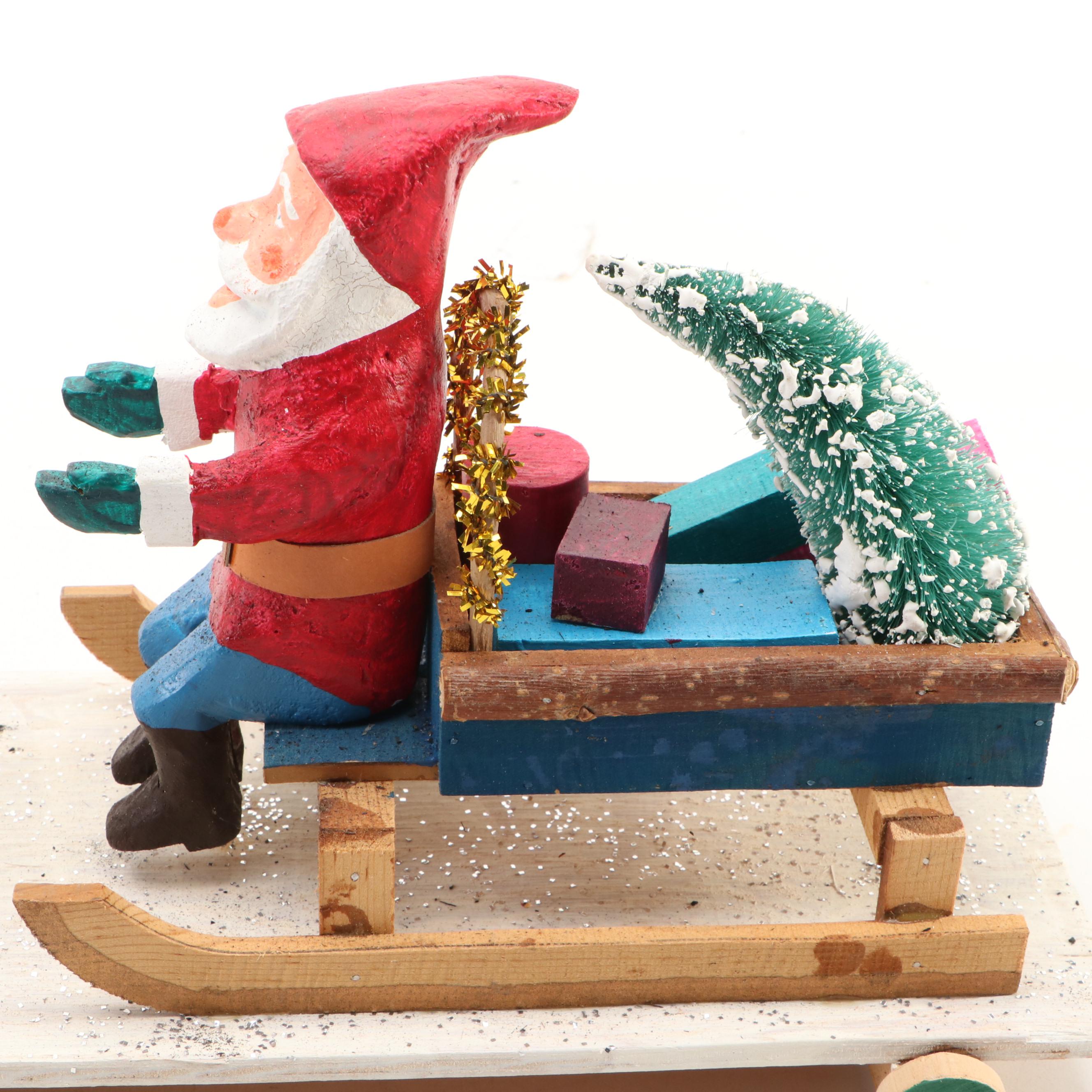 Folk Art Hand-Painted Santa Claus Pull Toy