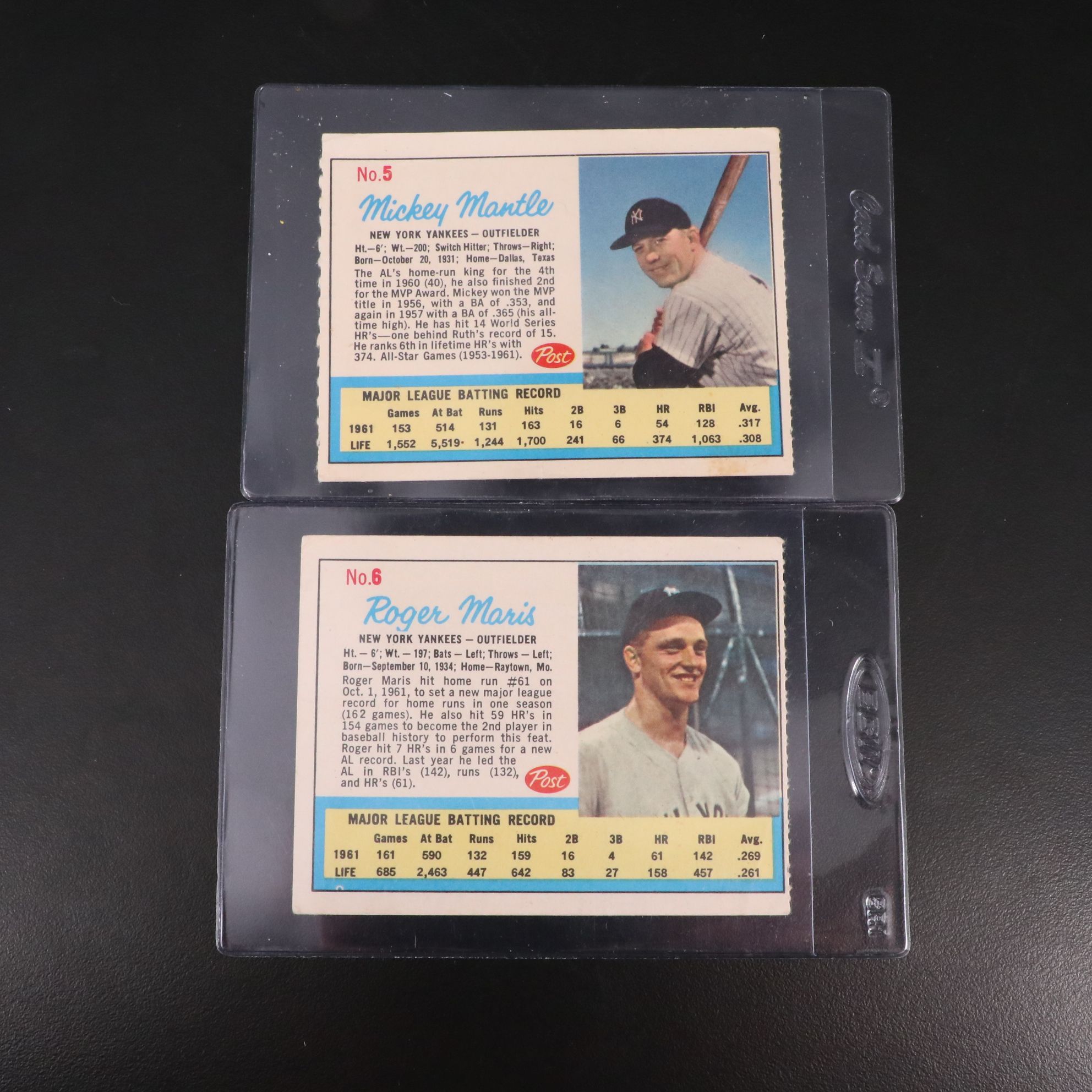 1962 Post Roger Maris and Mickey Mantle New York Yankees Baseball Cards