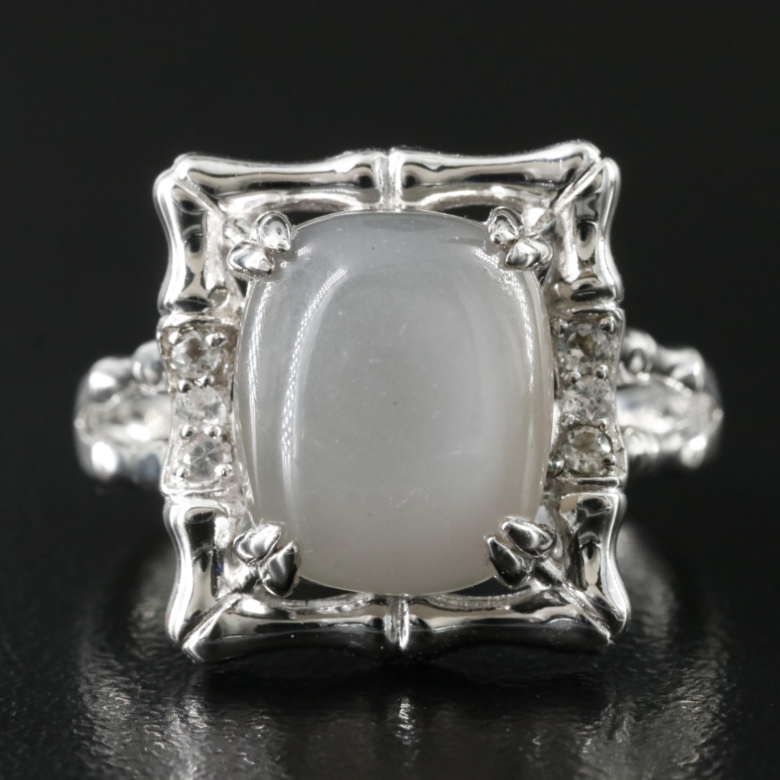 Sterling Moonstone and White Topaz Ring with Bamboo Design