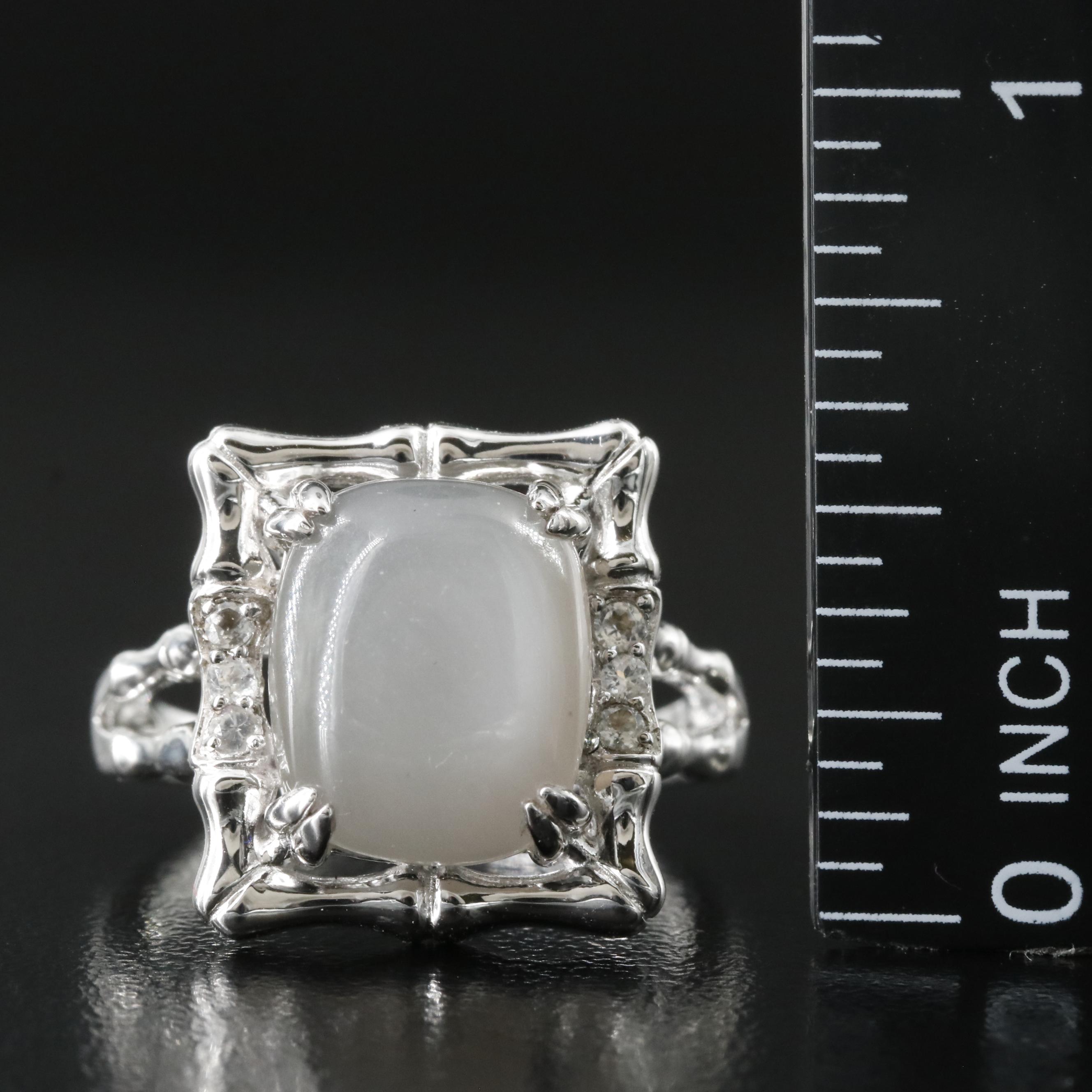Sterling Moonstone and White Topaz Ring with Bamboo Design