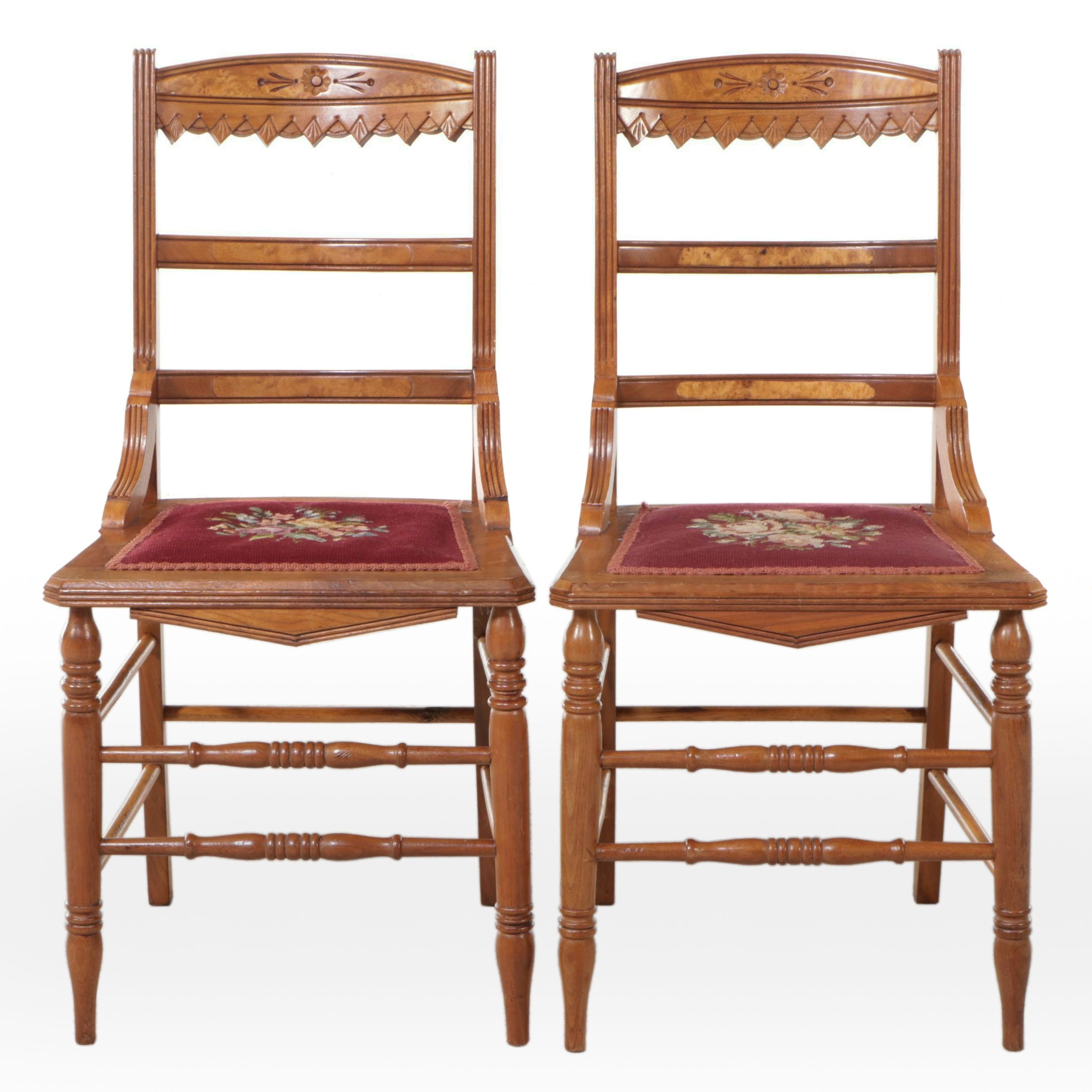 Pair of Eastlake Walnut Side Chairs with Floral Needlepoint Seats
