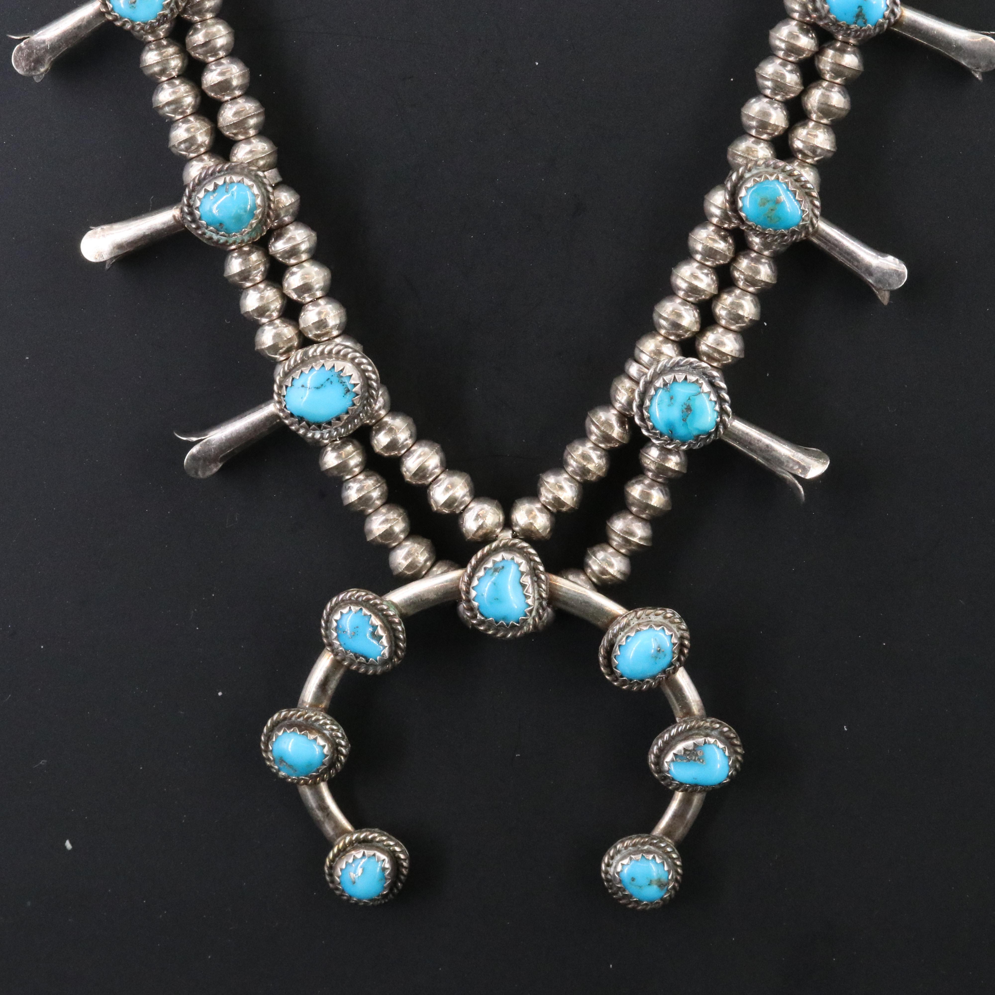 Southwestern Signed Sterling Turquoise Squash Blossom Necklace