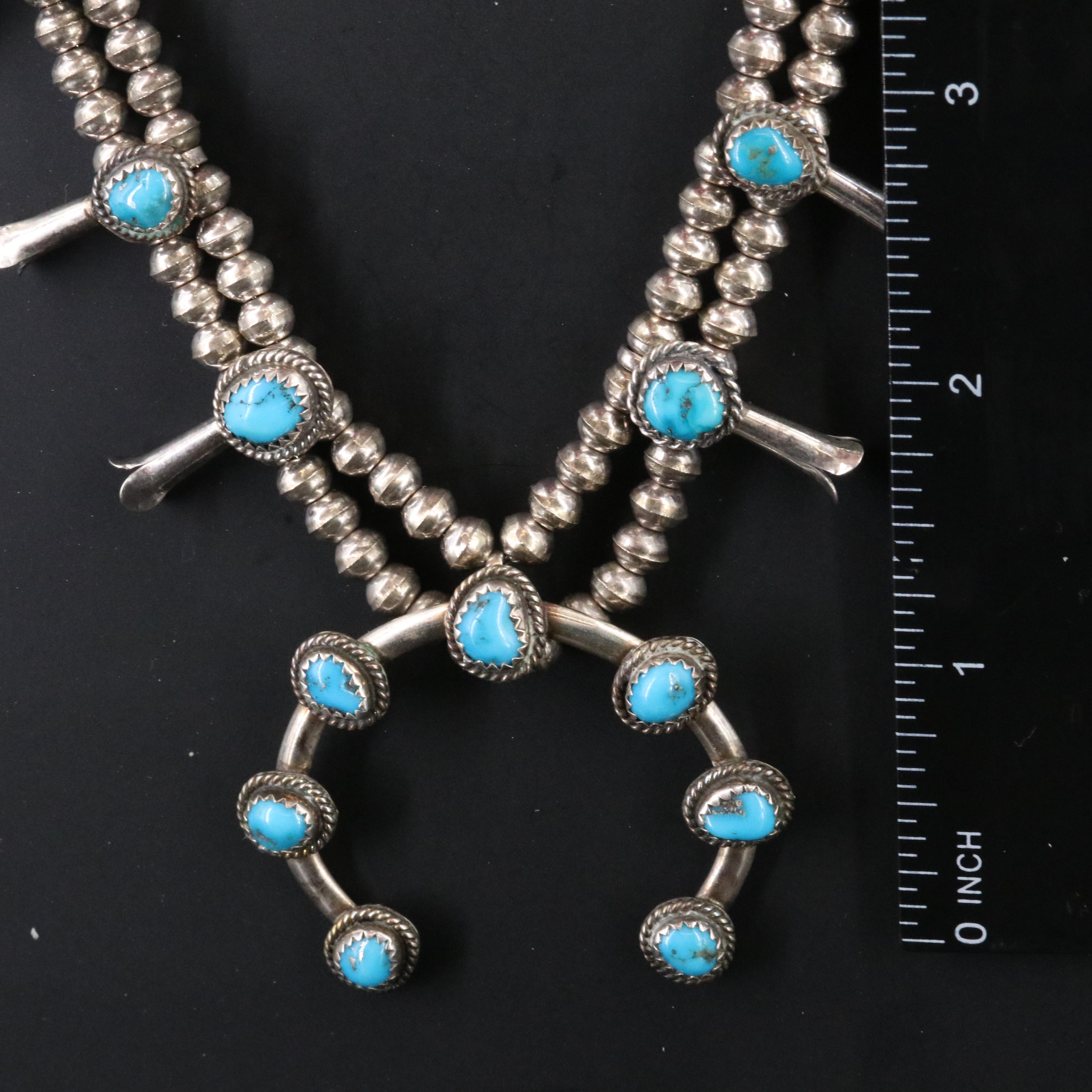 Southwestern Signed Sterling Turquoise Squash Blossom Necklace