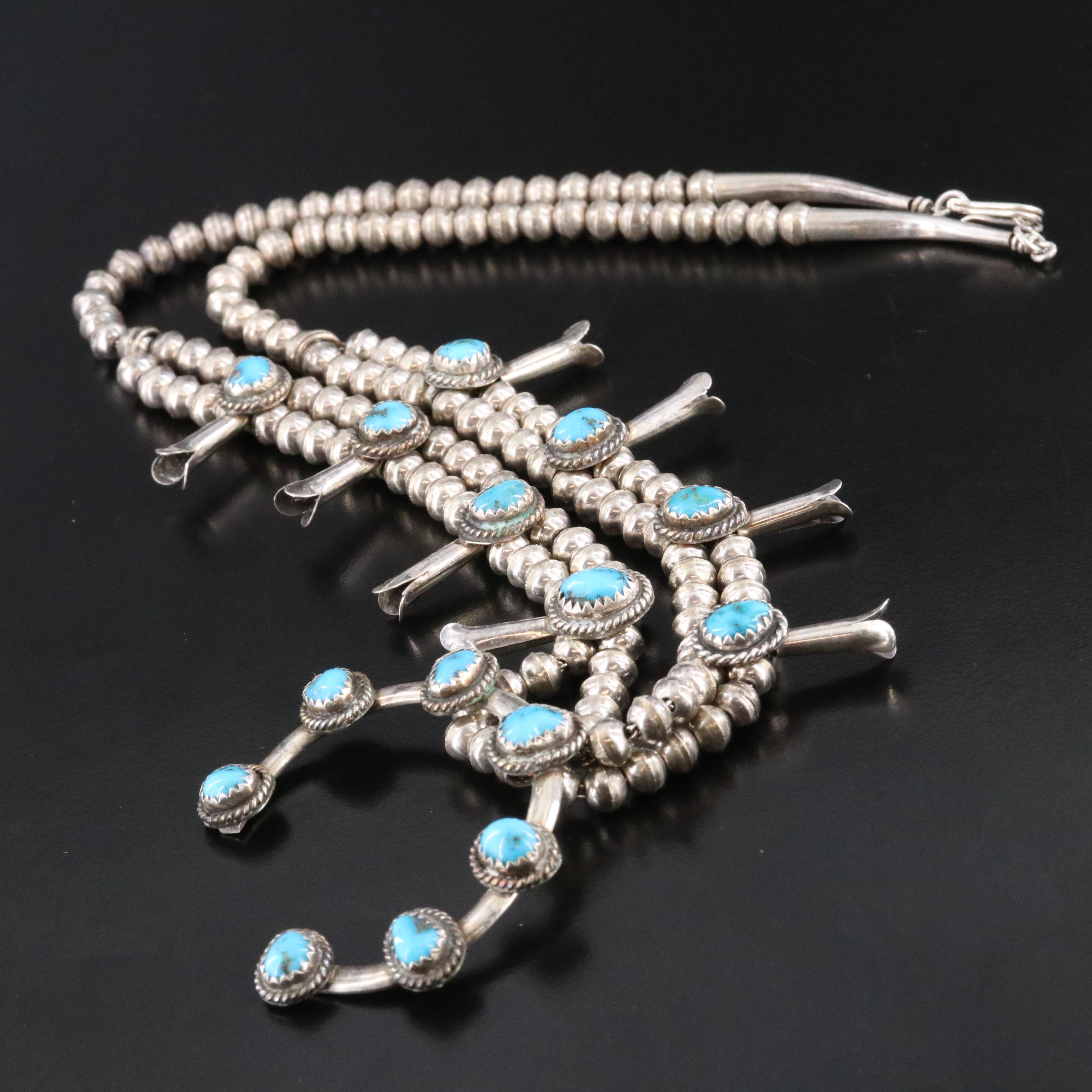 Southwestern Signed Sterling Turquoise Squash Blossom Necklace