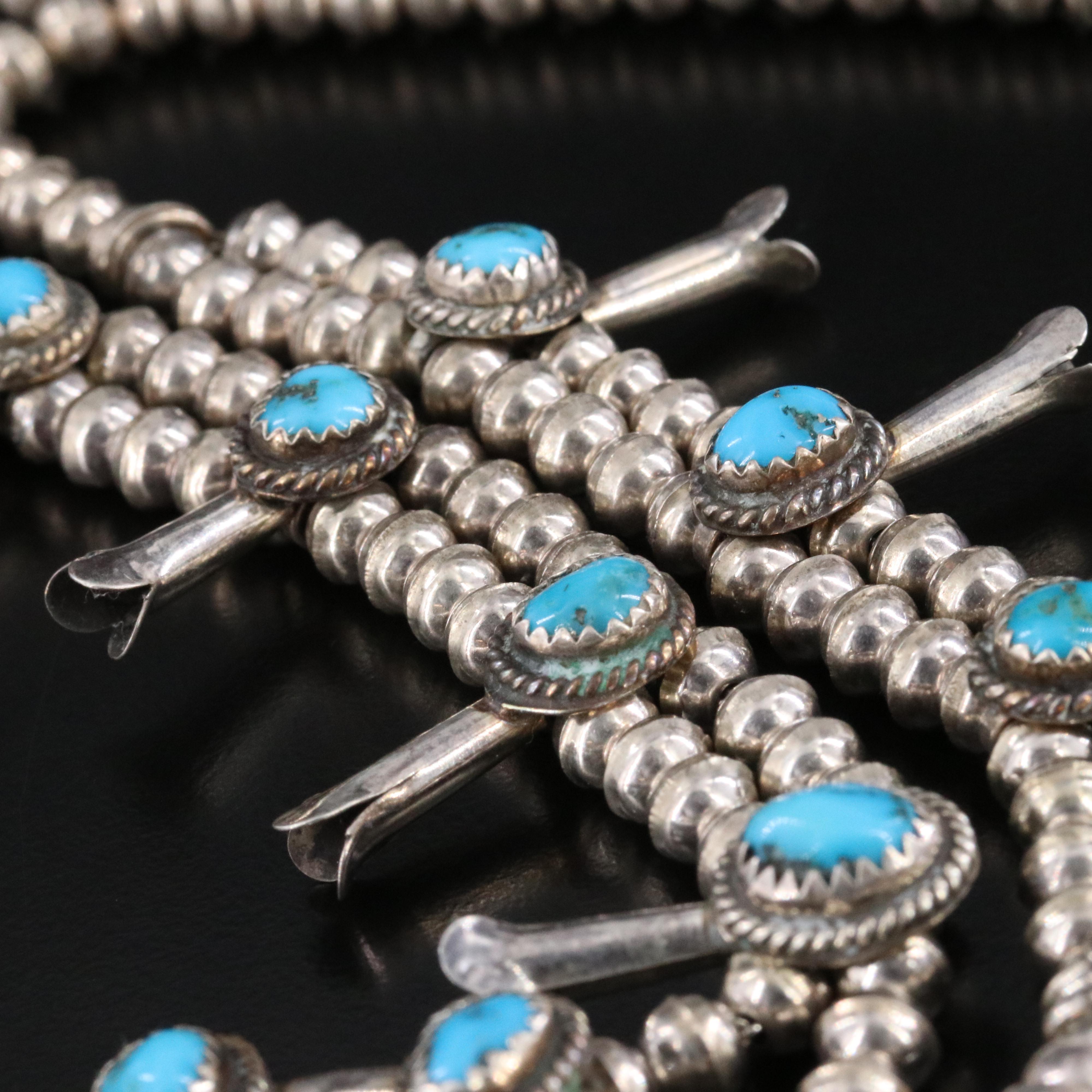 Southwestern Signed Sterling Turquoise Squash Blossom Necklace