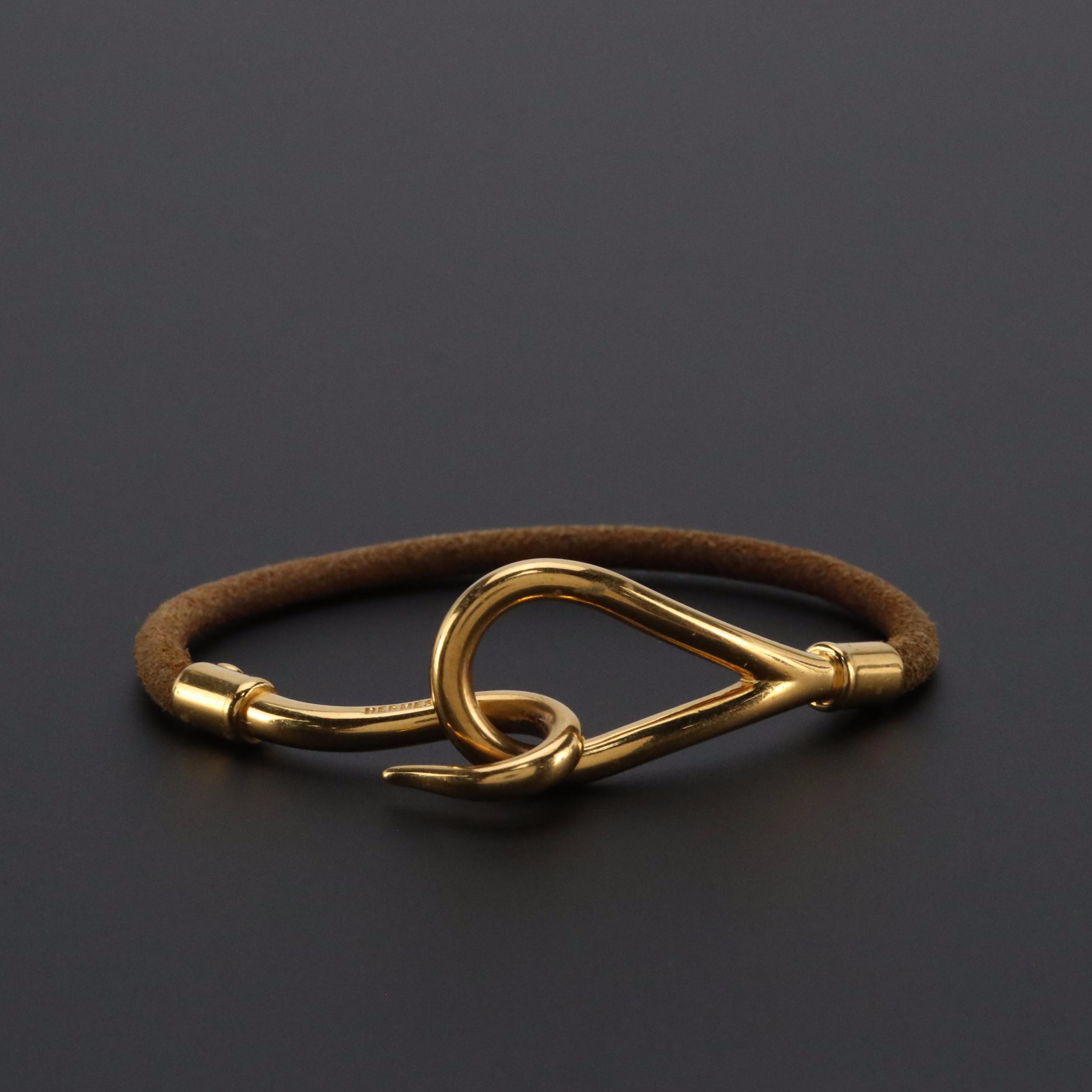 Hermès Gold Plated Jumbo Hook Bracelet in Brown Leather
