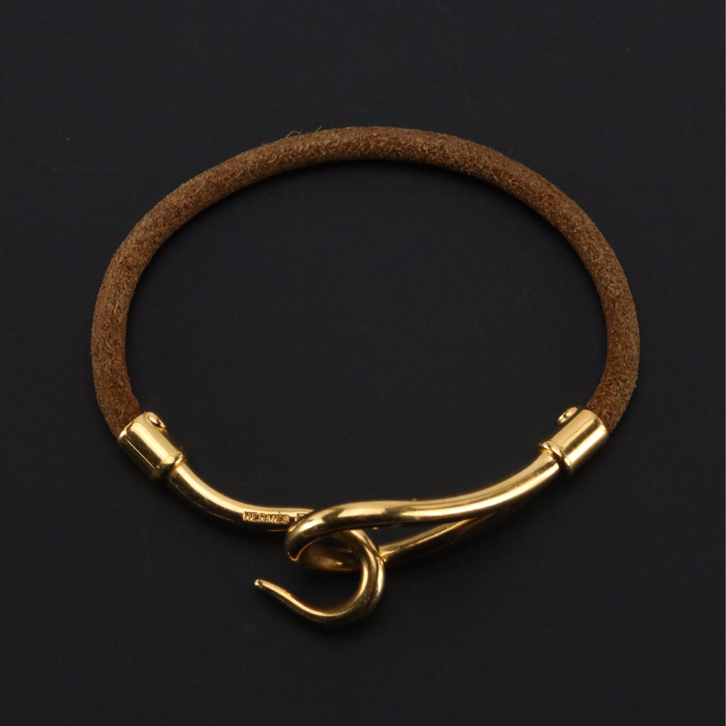 Hermès Gold Plated Jumbo Hook Bracelet in Brown Leather