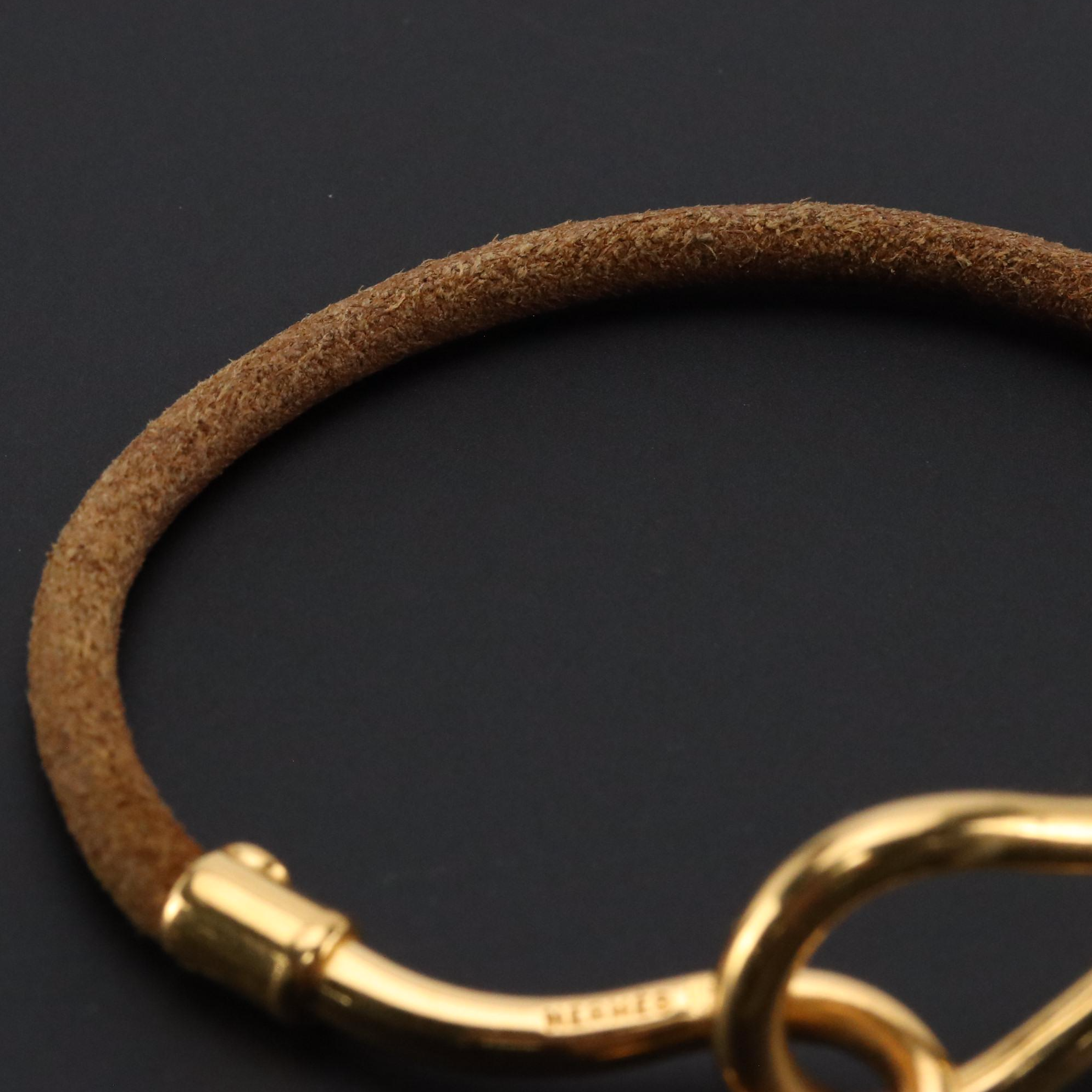 Hermès Gold Plated Jumbo Hook Bracelet in Brown Leather