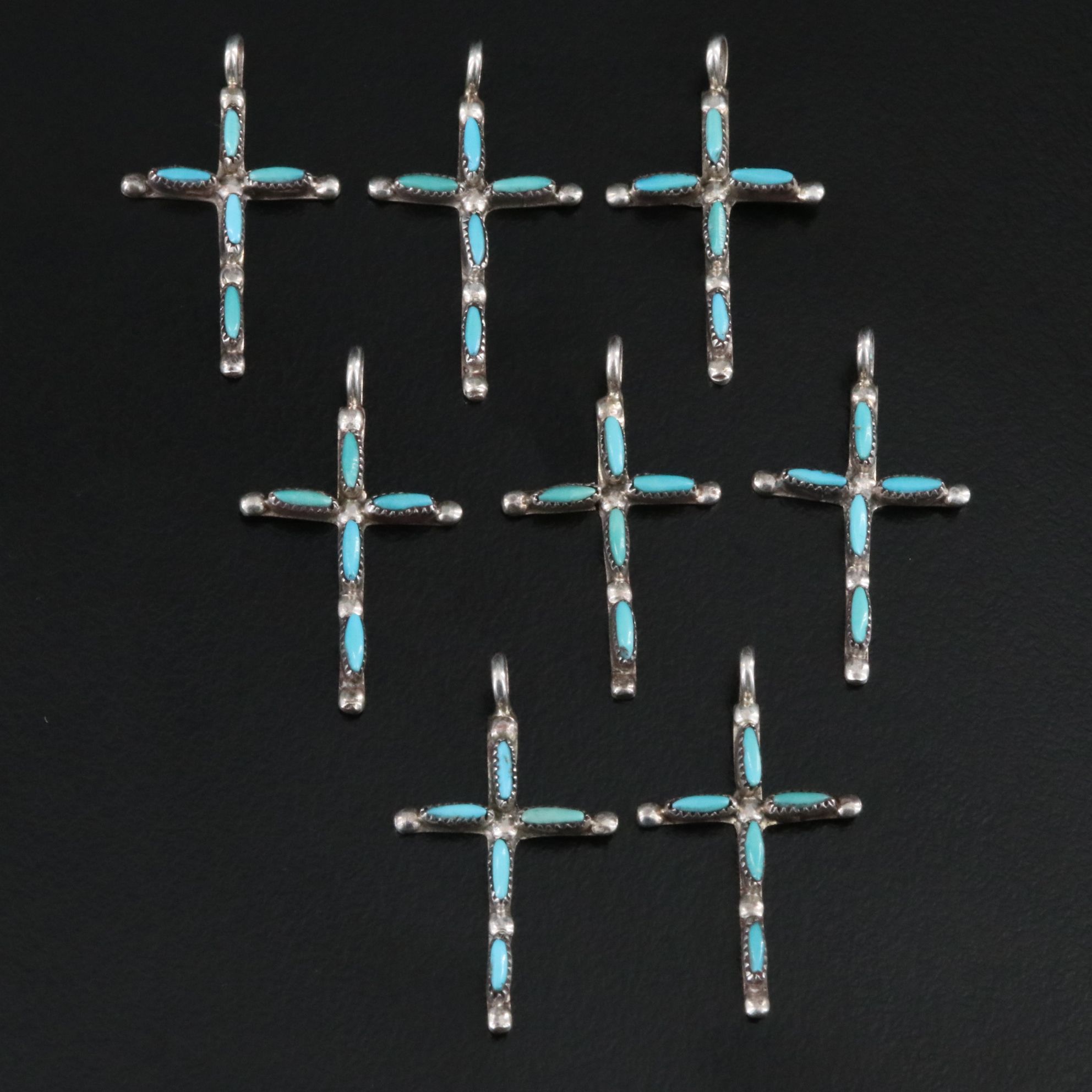 Collection of Southwestern Sterling Turquoise Petit Point Cross Pendants