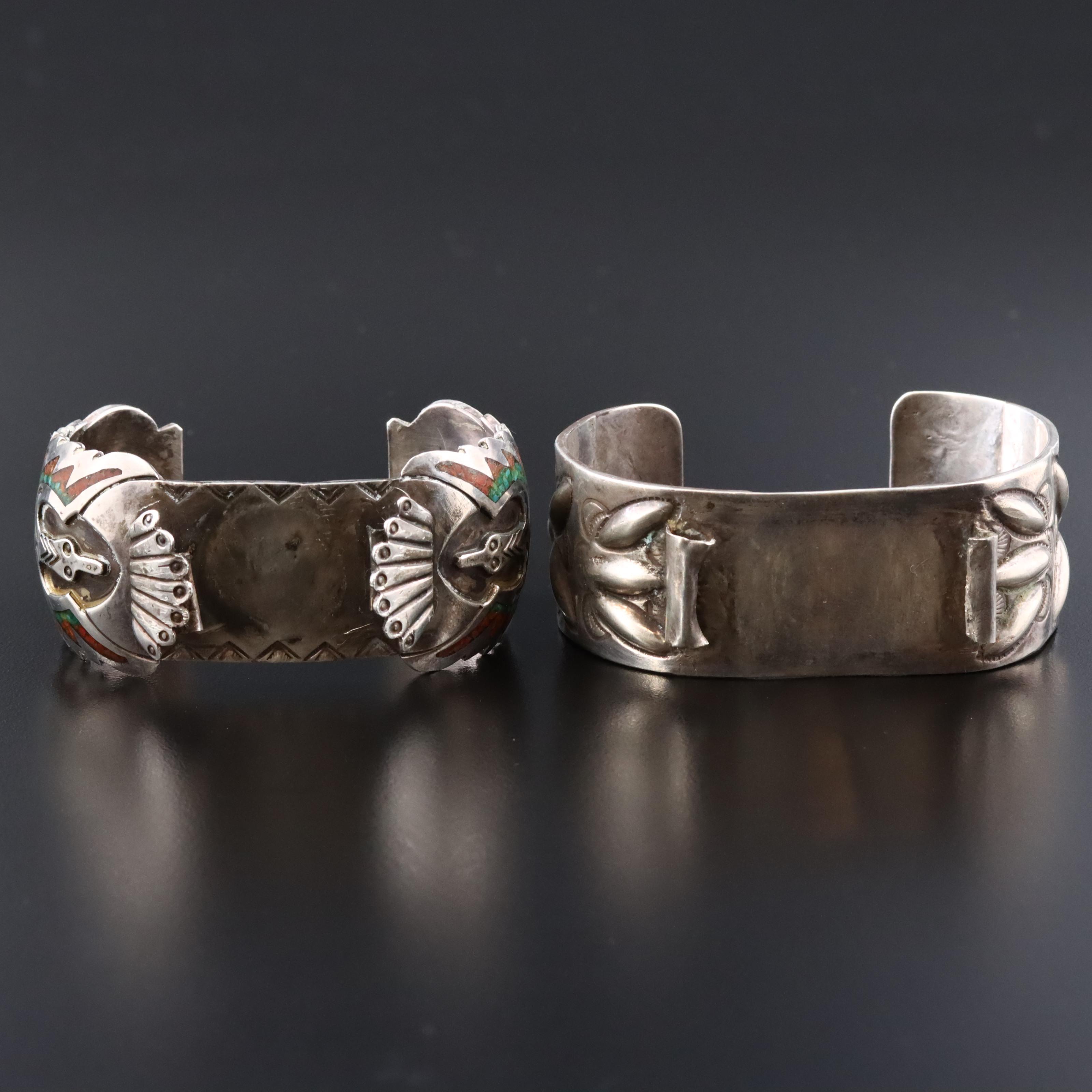 Southwestern Sterling Signed Peyote Bird & Stampwork Watch Bracelets