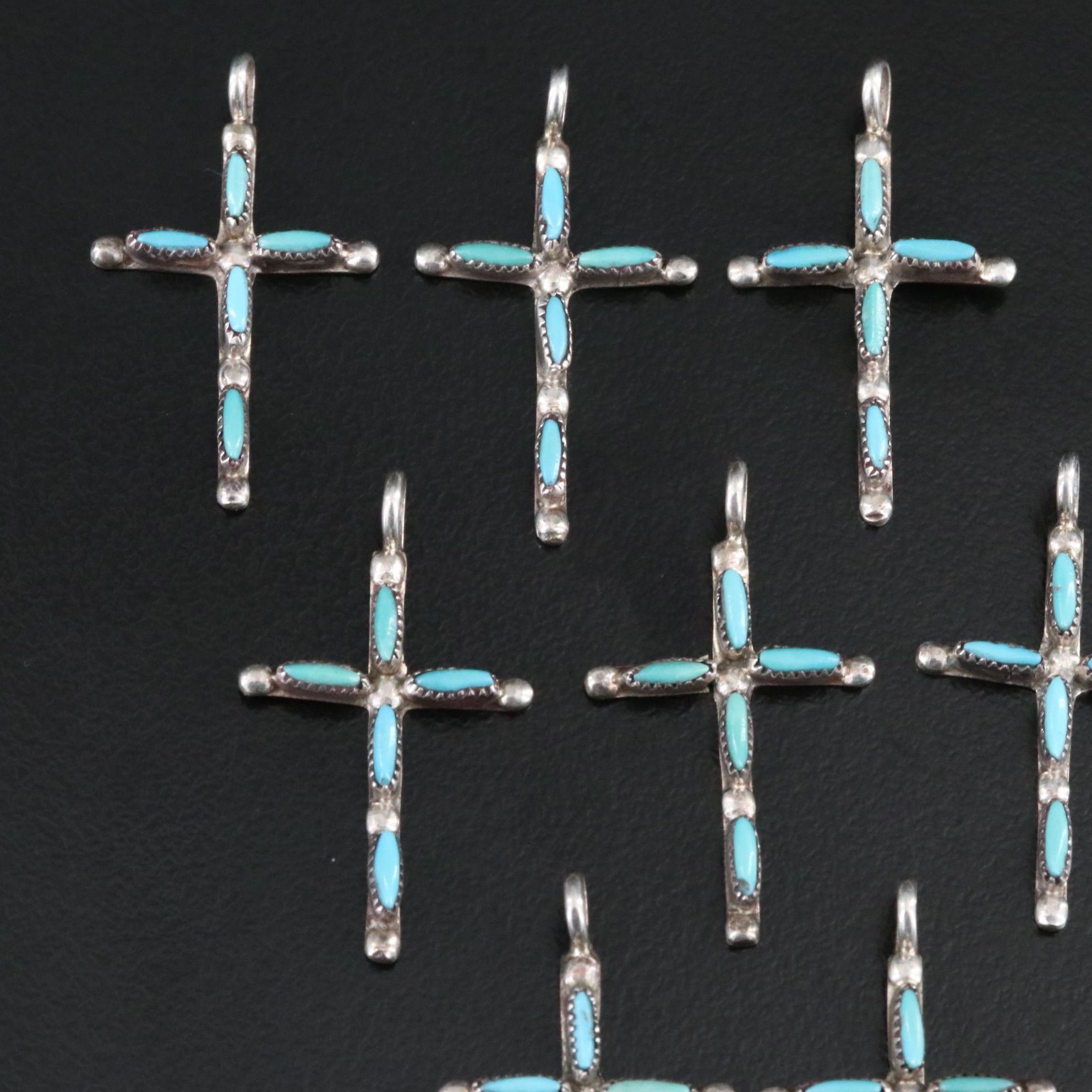 Collection of Southwestern Sterling Turquoise Petit Point Cross Pendants