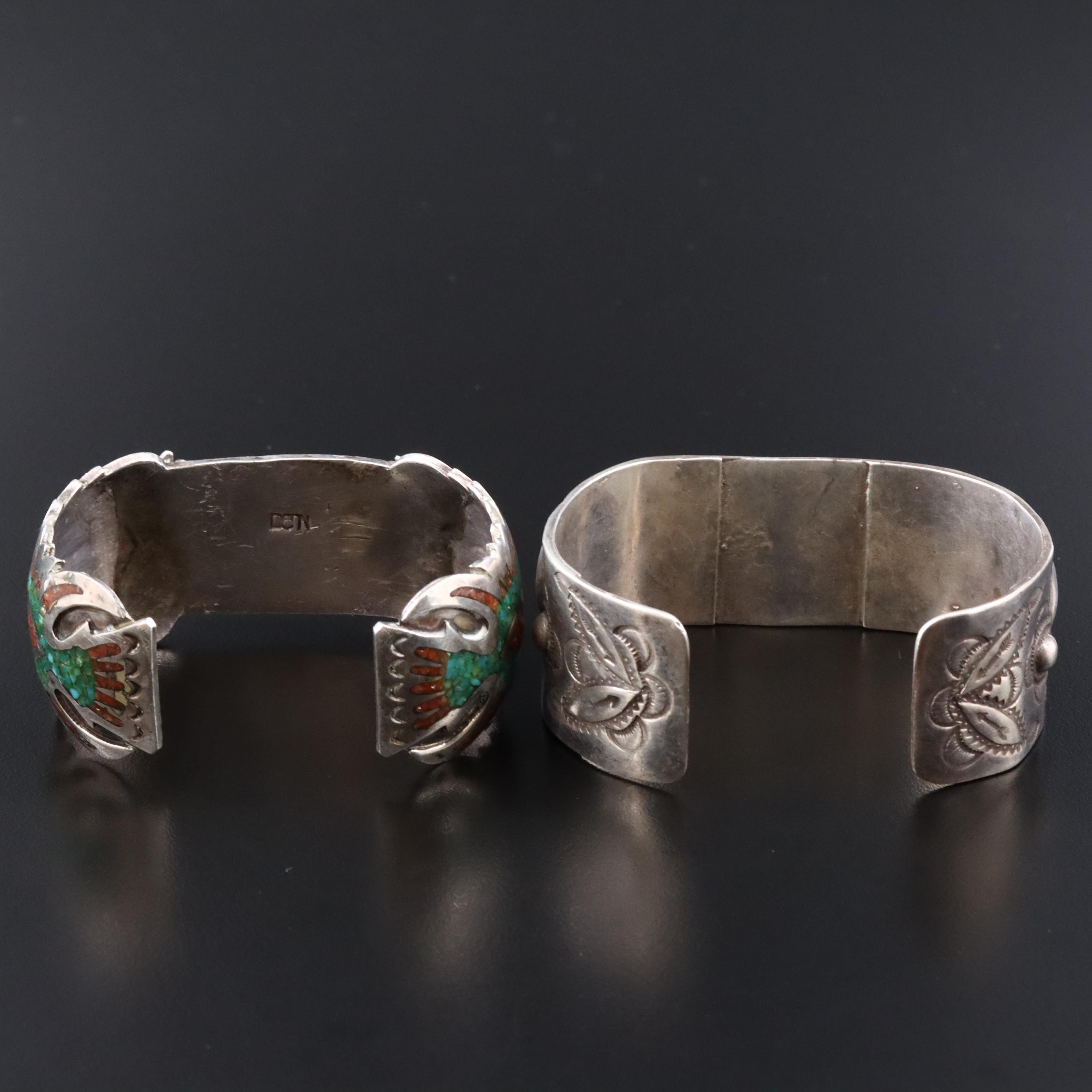 Southwestern Sterling Signed Peyote Bird & Stampwork Watch Bracelets