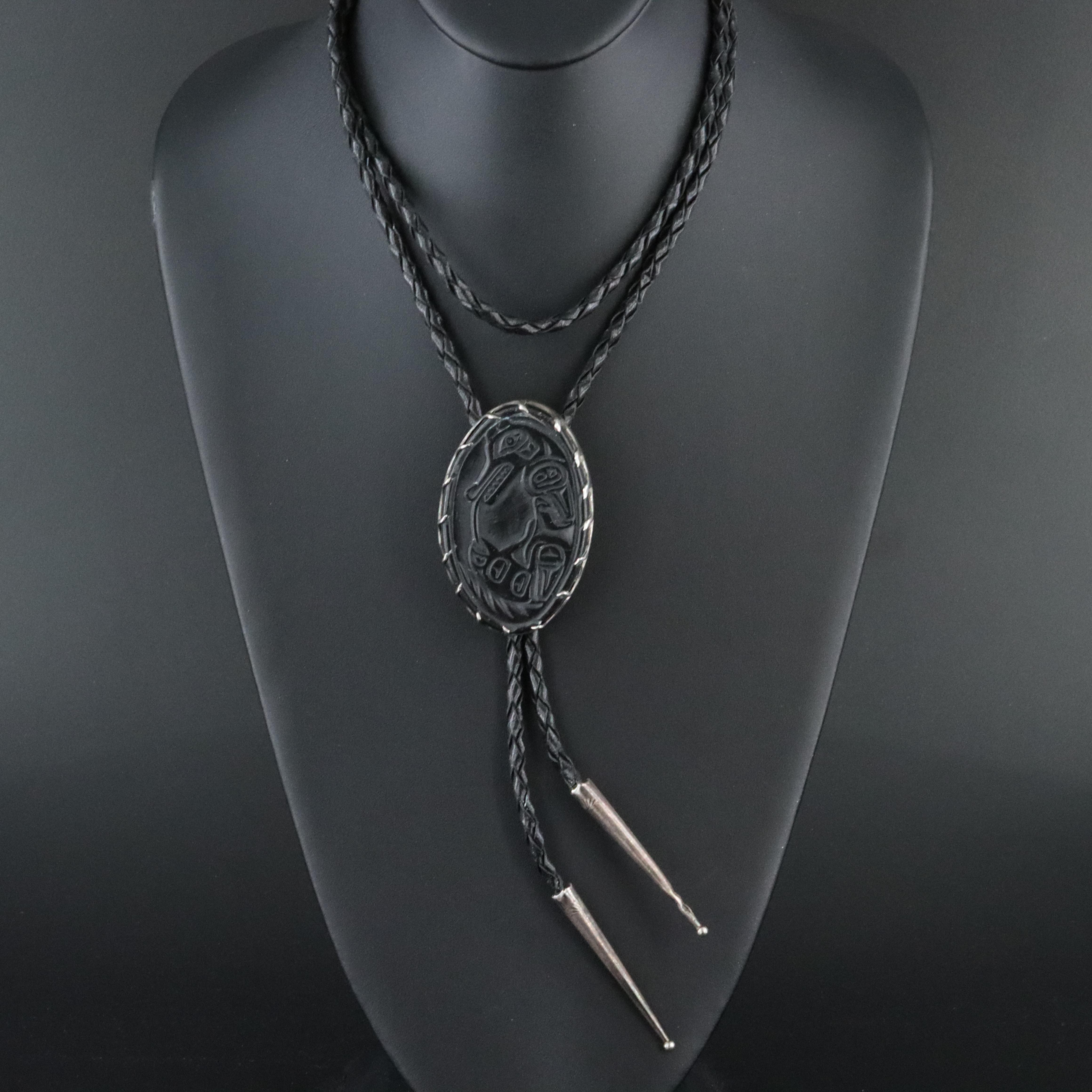 Pacific Northwestern Signed Sterling Carved Argilite Bolo Tie