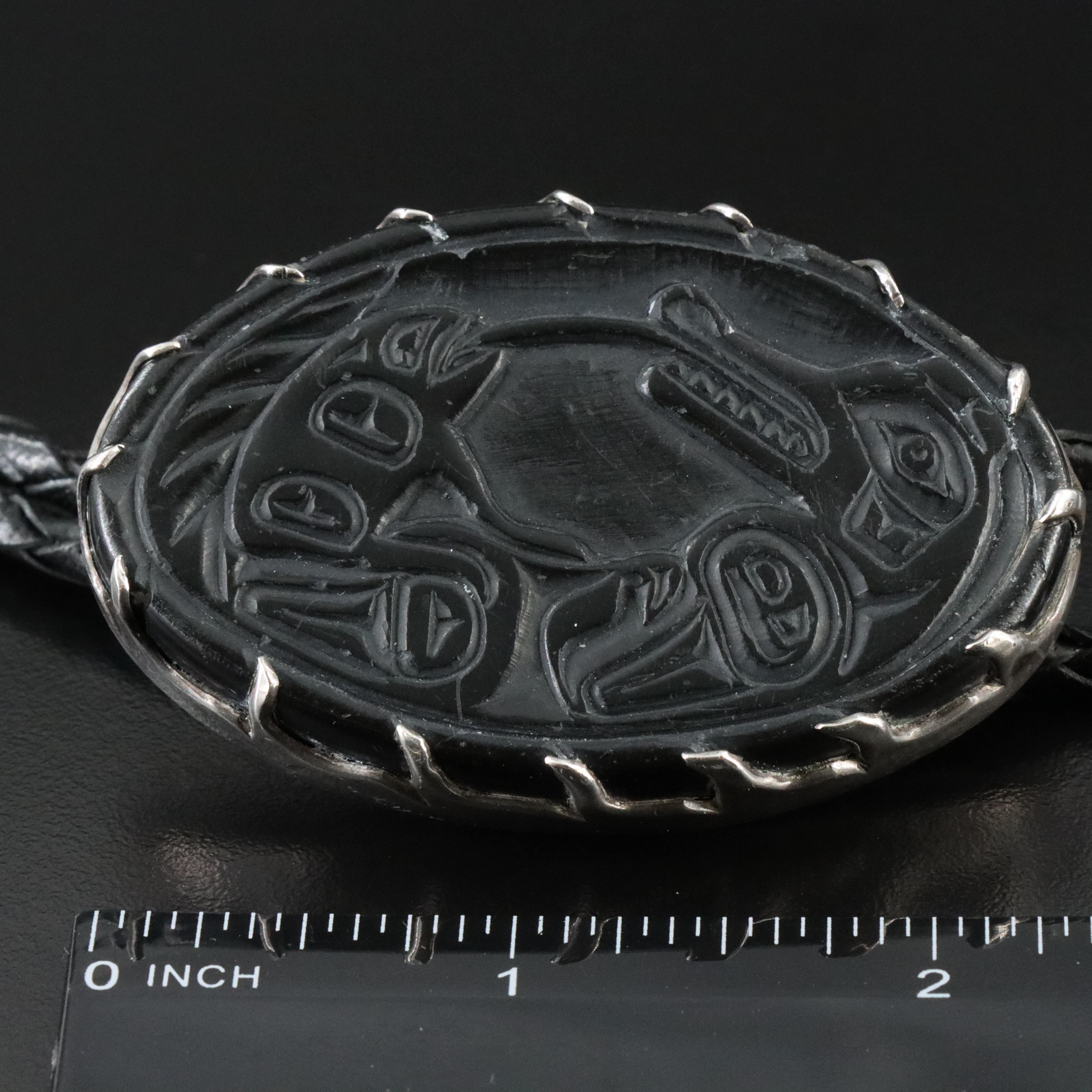 Pacific Northwestern Signed Sterling Carved Argilite Bolo Tie