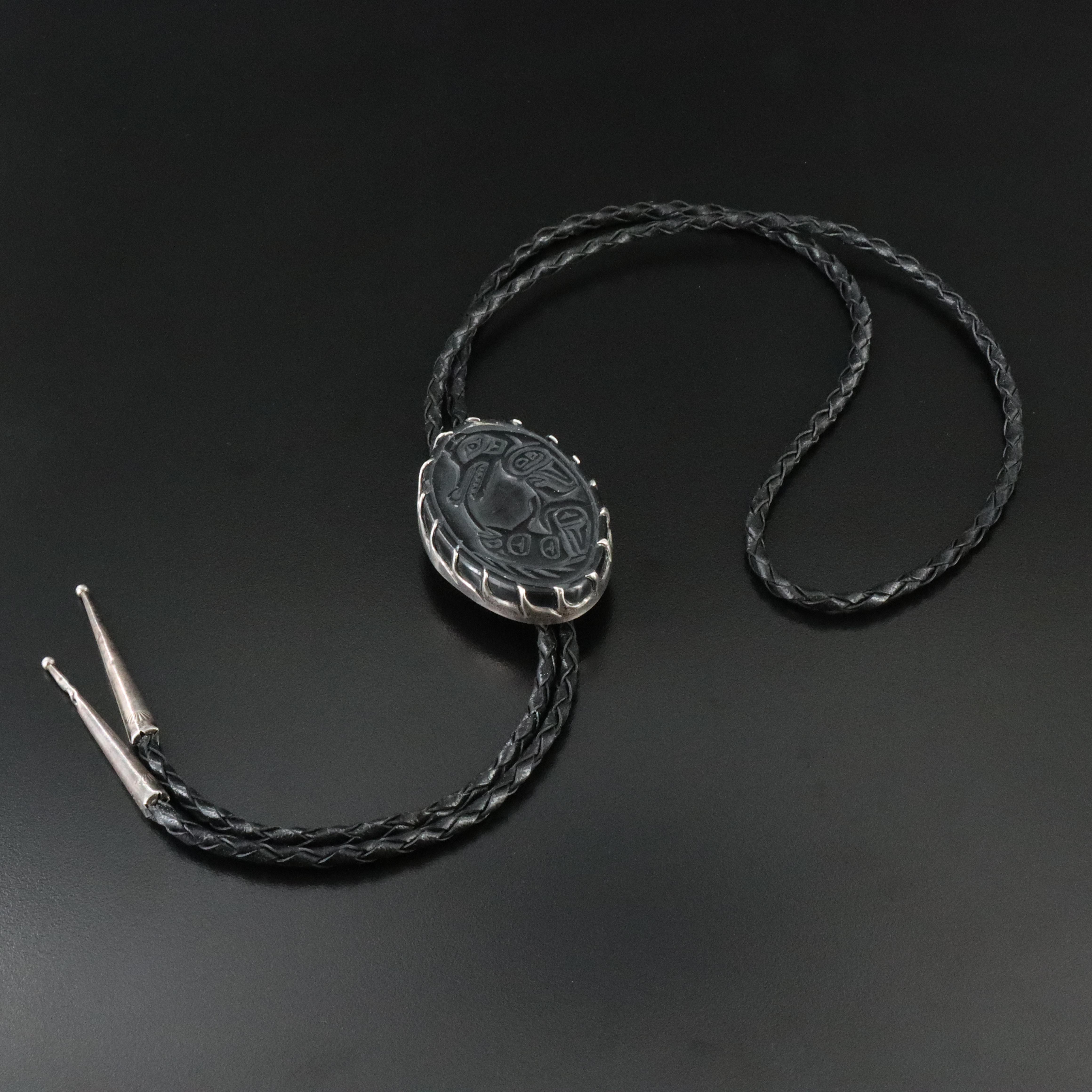 Pacific Northwestern Signed Sterling Carved Argilite Bolo Tie
