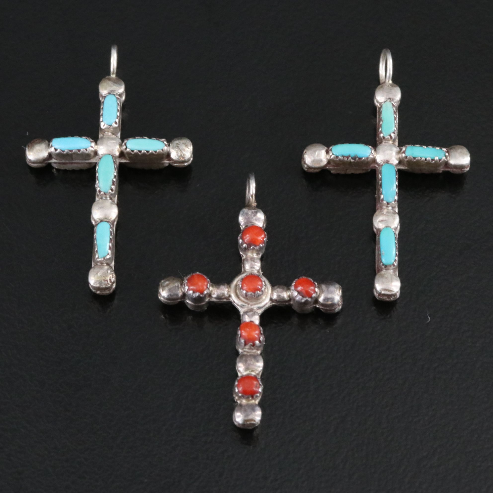 Southwestern Sterling Reversible Cross Pendants with Coral and Turquoise