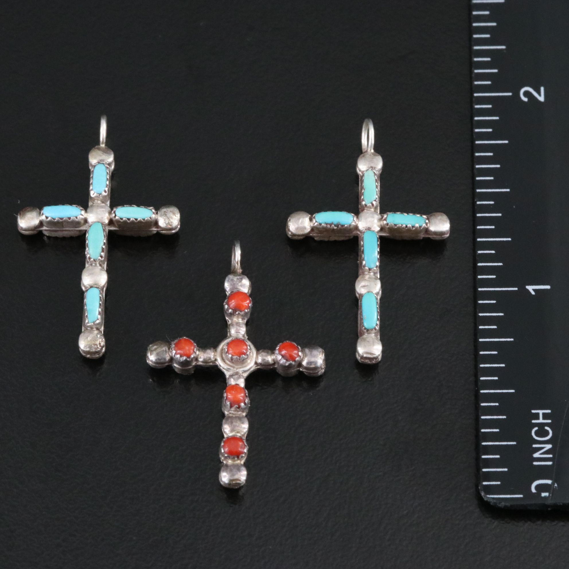 Southwestern Sterling Reversible Cross Pendants with Coral and Turquoise