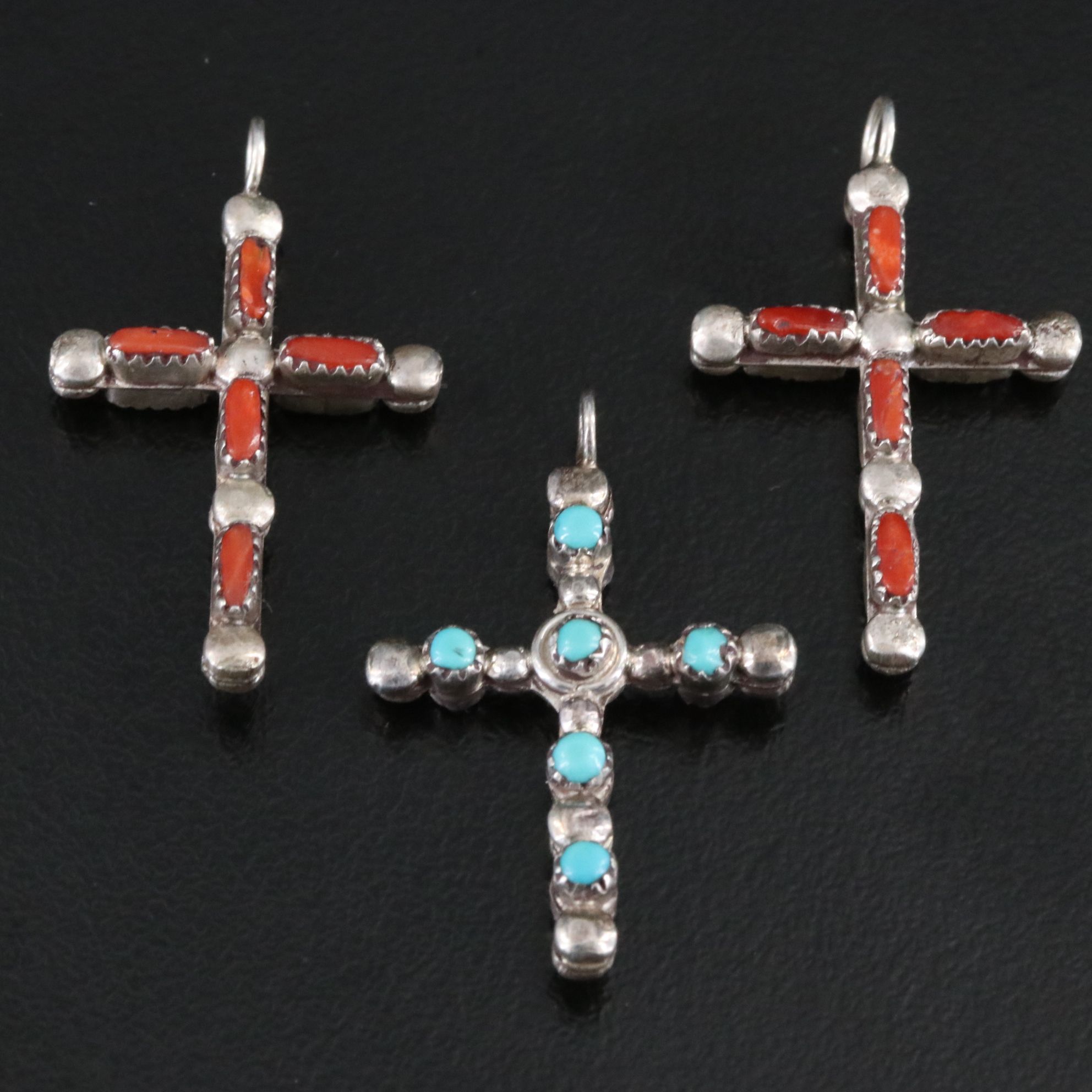 Southwestern Sterling Reversible Cross Pendants with Coral and Turquoise