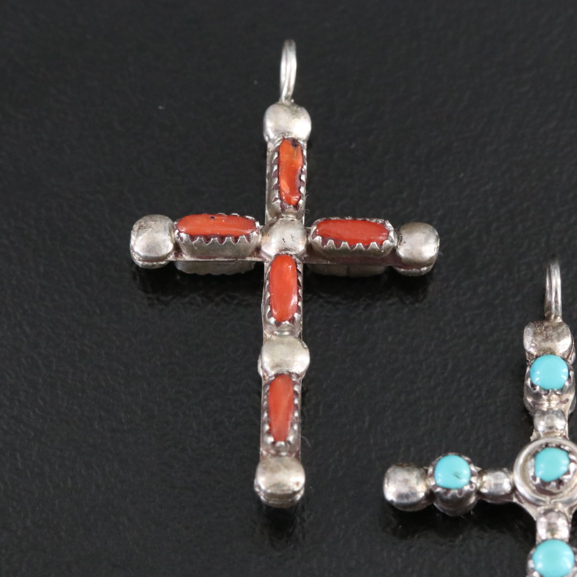 Southwestern Sterling Reversible Cross Pendants with Coral and Turquoise