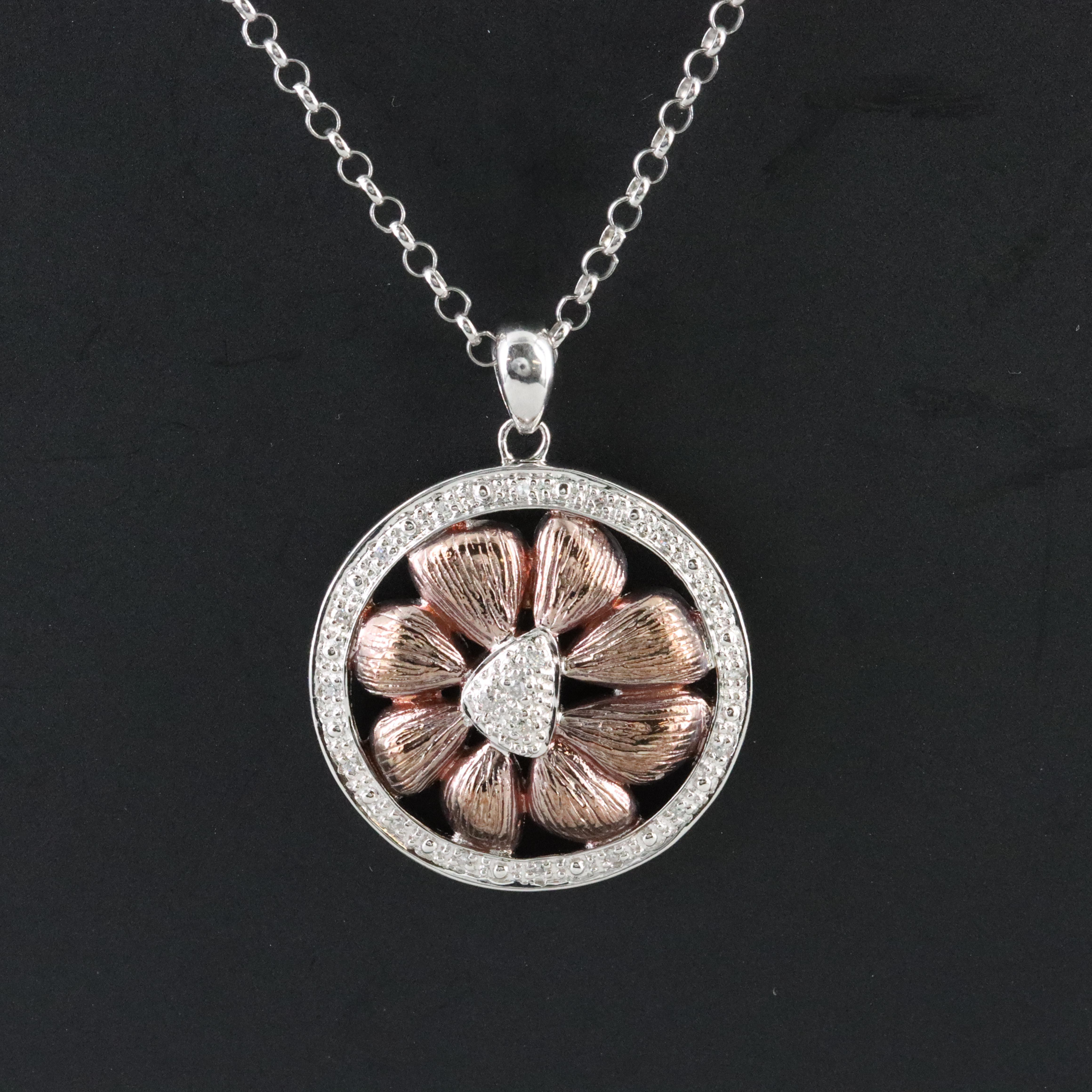 Sterling Flower Diamond Pendant Necklace
